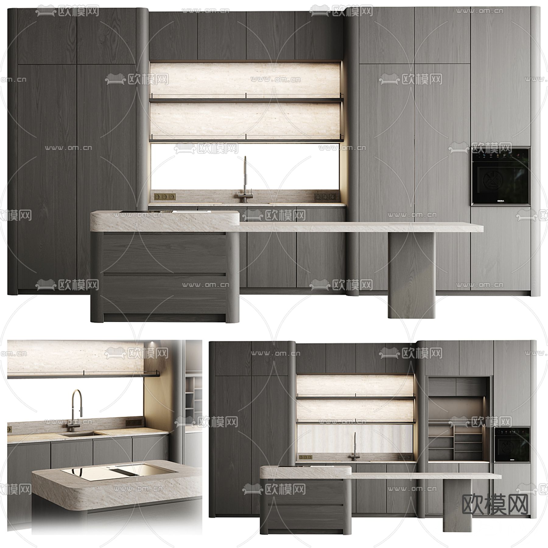 侘寂风实木橱柜 中岛台3d模型下载（渲染图1）