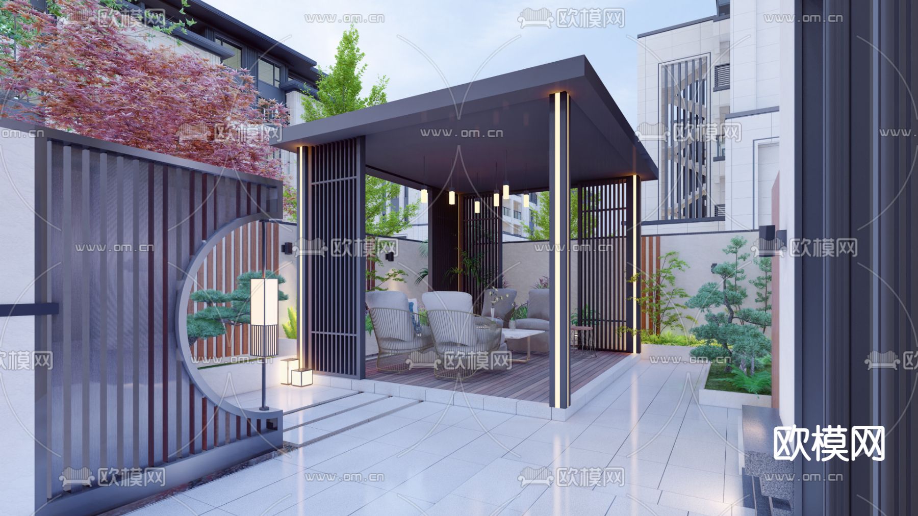 新中式别墅庭院 花园su模型下载（渲染图2）