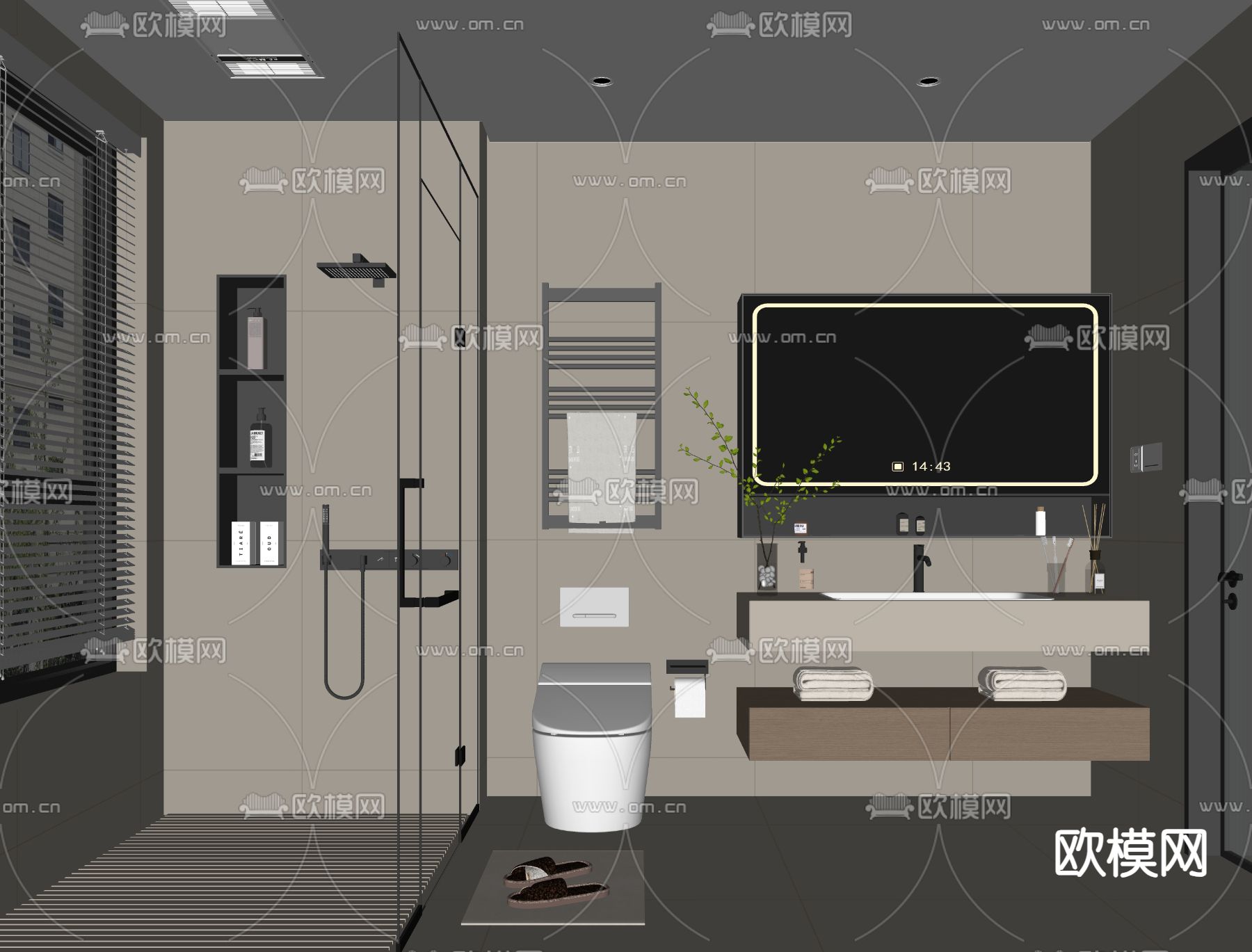 奶油风卫生间 浴室su模型下载（渲染图1）
