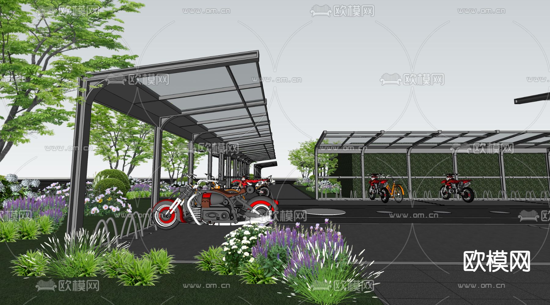 非机动车棚 摩托车棚 自行车棚su模型下载（渲染图2）