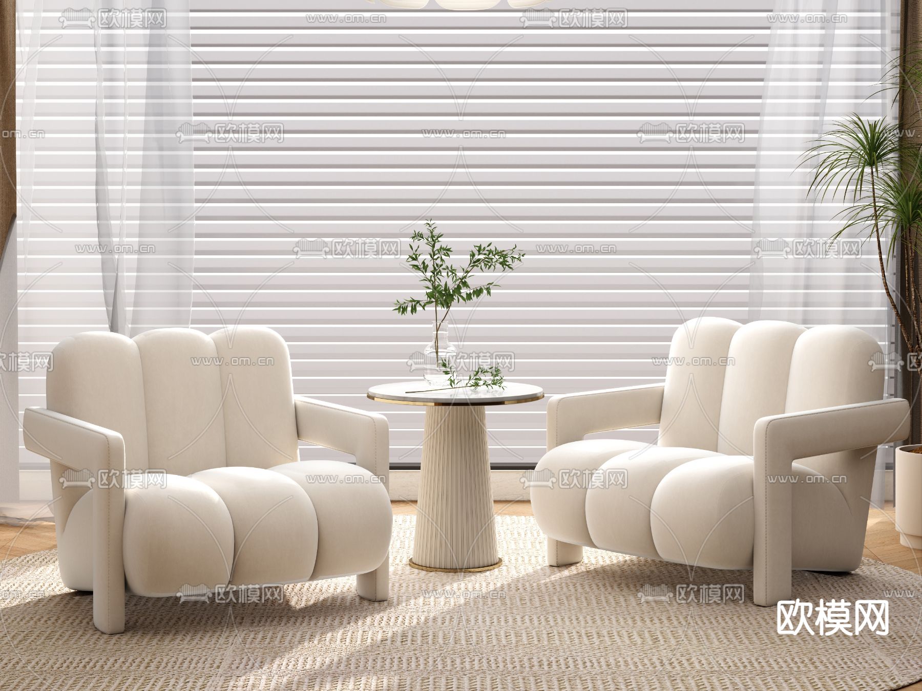 奶油风沙发椅 休闲椅 桌几3d模型下载（渲染图1）