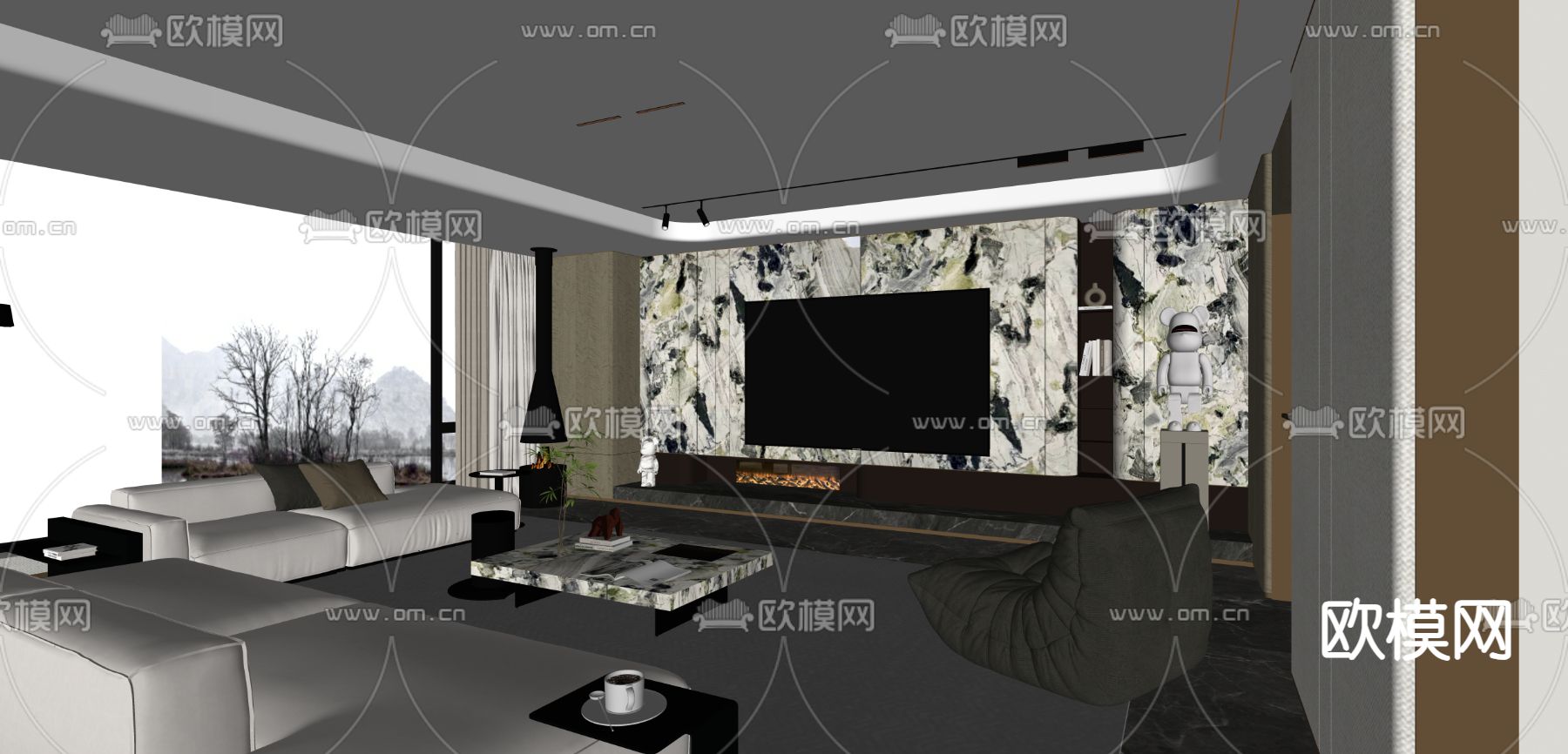 轻奢风客厅su模型下载（渲染图2）