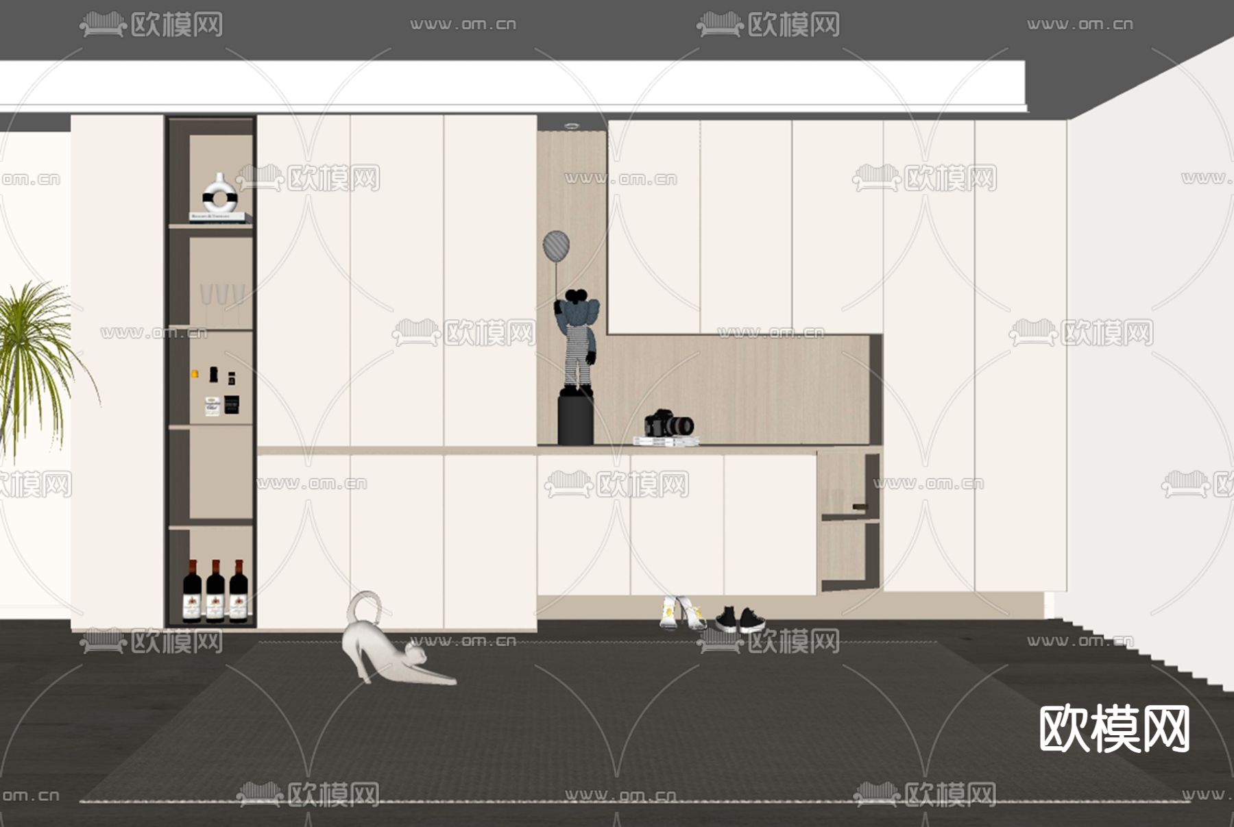 奶油风鞋柜 酒柜一体柜su模型下载（渲染图1）
