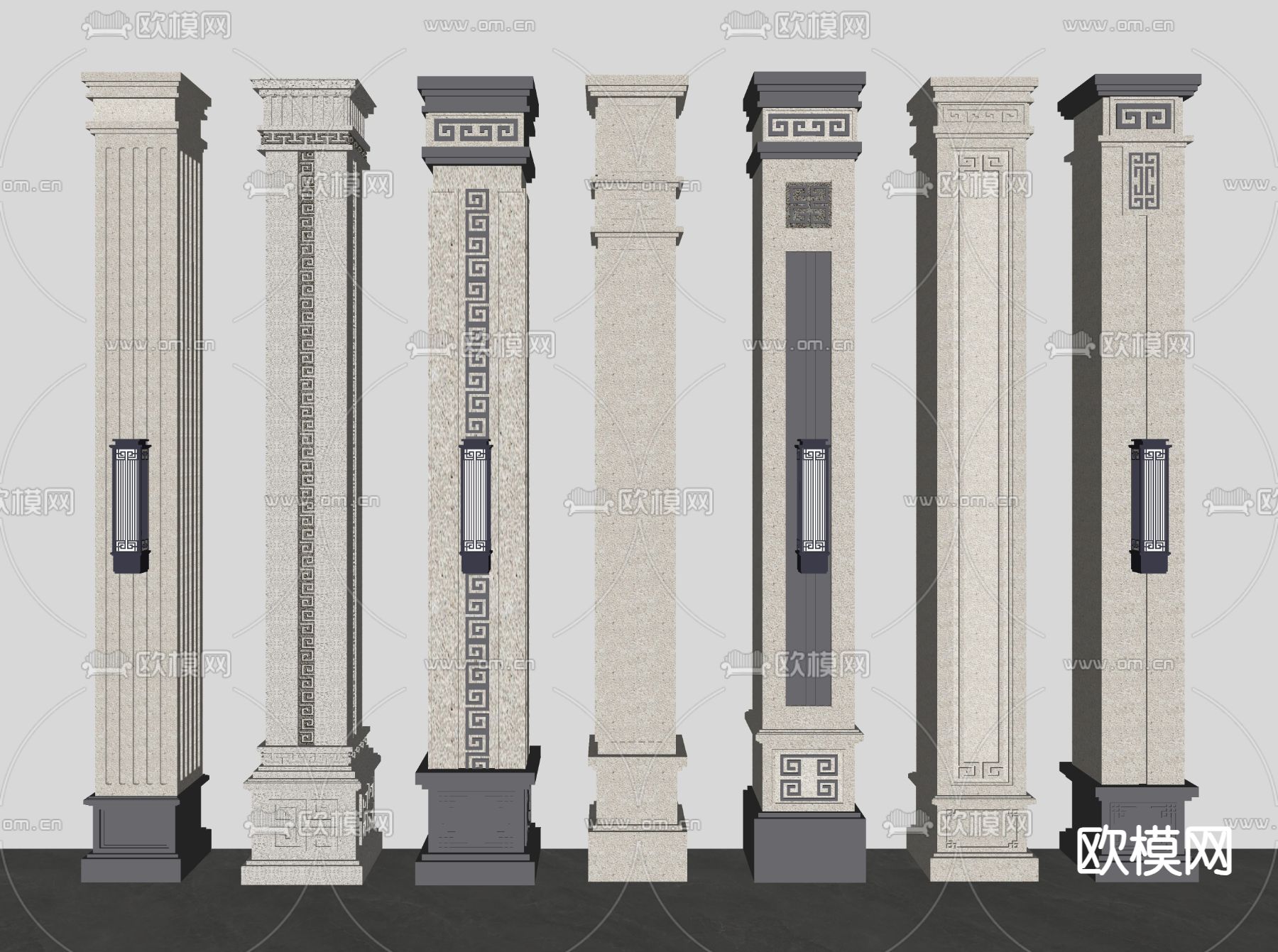 新中式柱子 角柱 别墅柱子su模型下载（渲染图1）