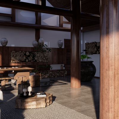  新中式民宿 大堂su模型 