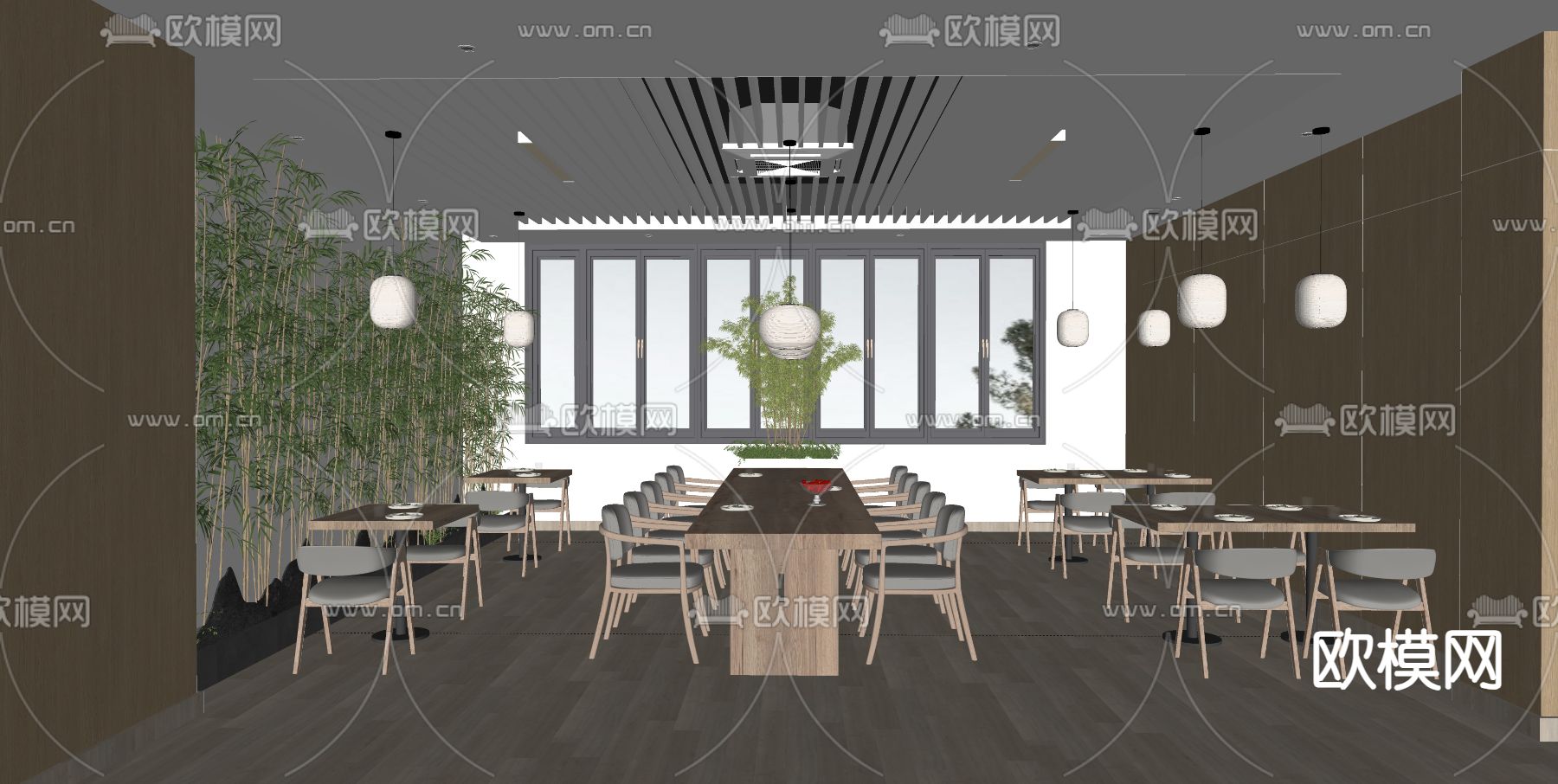 新中式餐厅su模型下载（渲染图1）