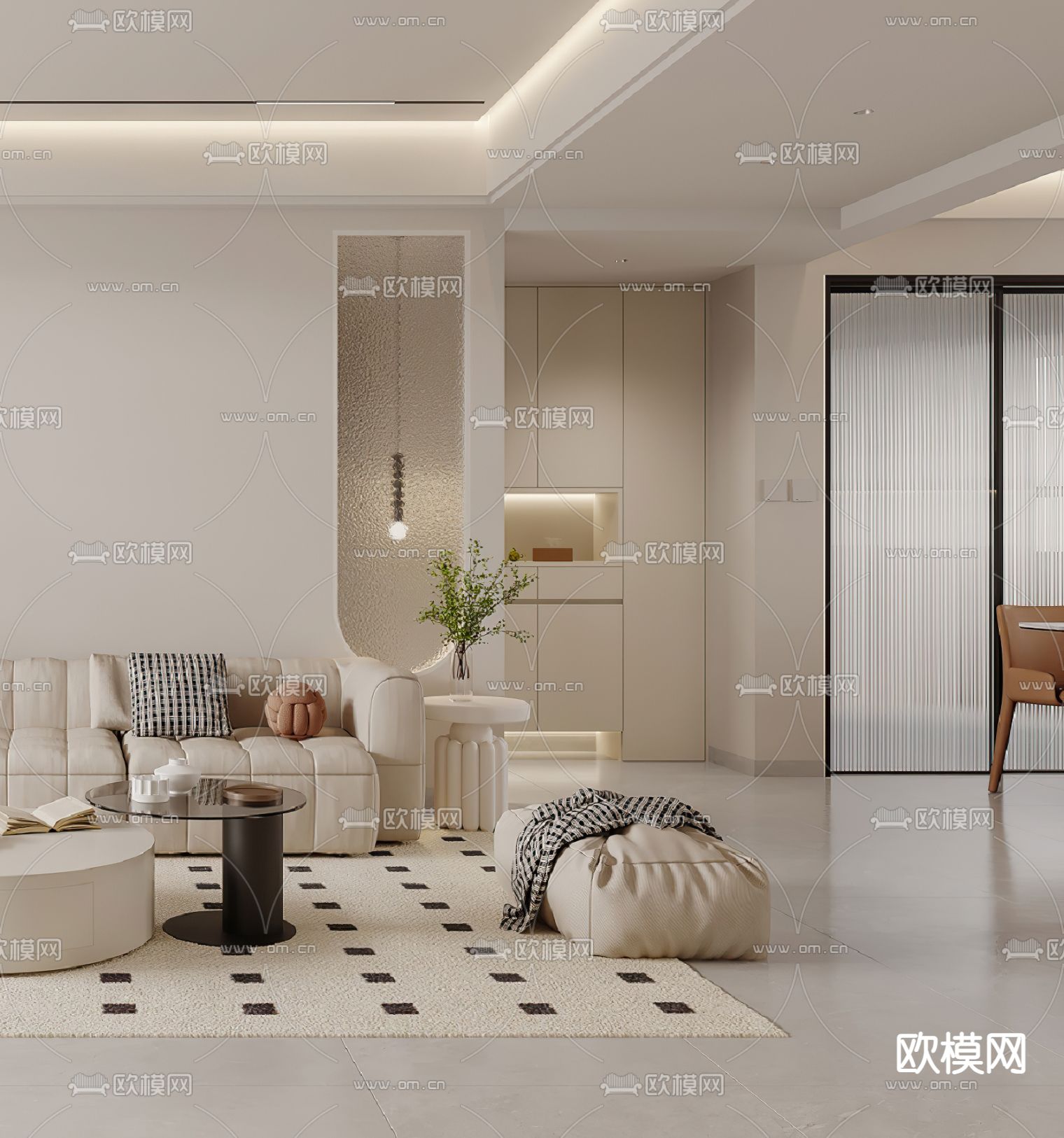 奶油风客厅3d模型下载（渲染图2）