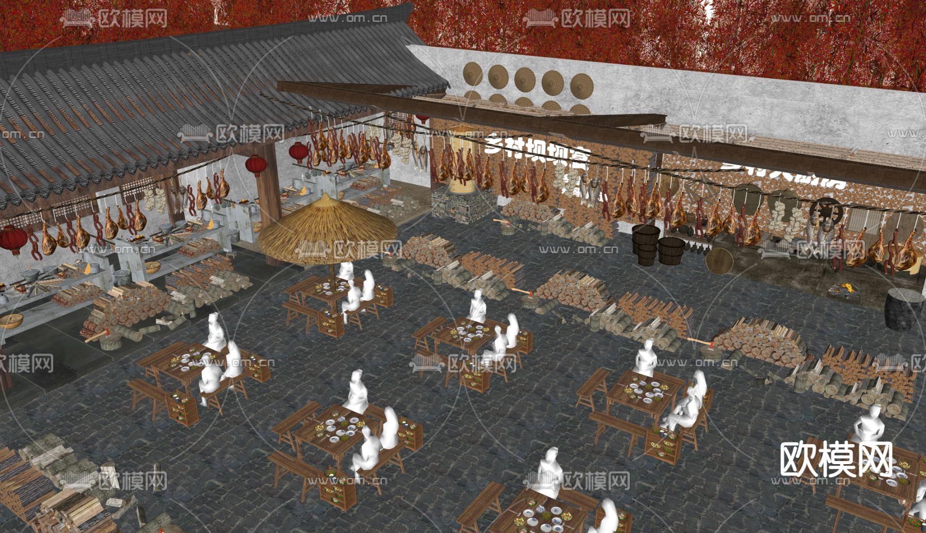 乡村美食街 火锅庭院 网红餐厅农家乐su模型下载（渲染图2）