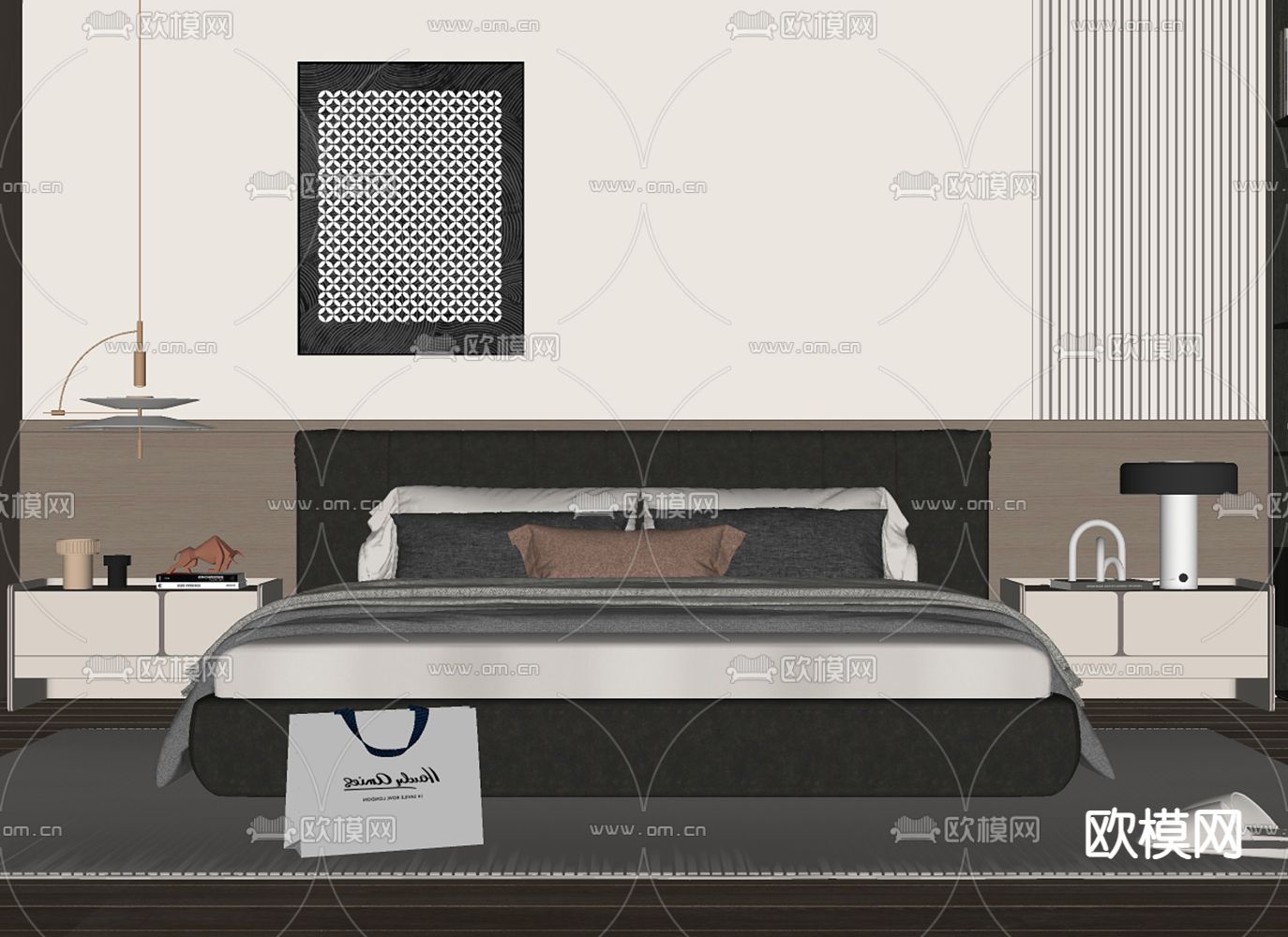 现代双人床su模型下载（渲染图1）