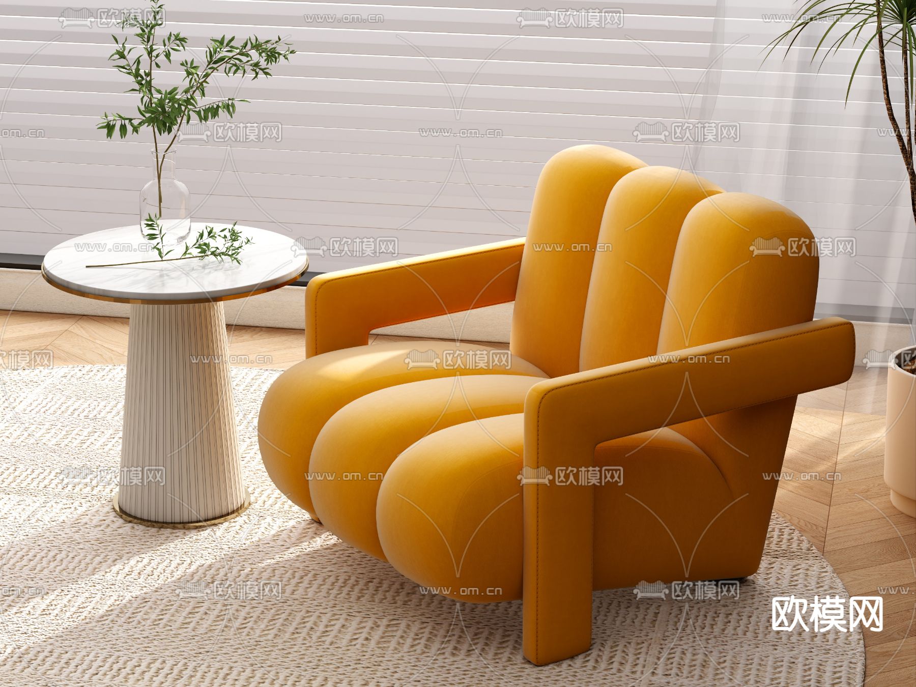 奶油风沙发椅 休闲椅 桌几3d模型下载（渲染图2）