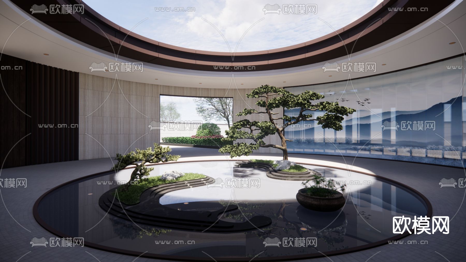 植物堆 入口水景 圆形水景 跌水水景 镜面水景su模型下载（渲染图2）