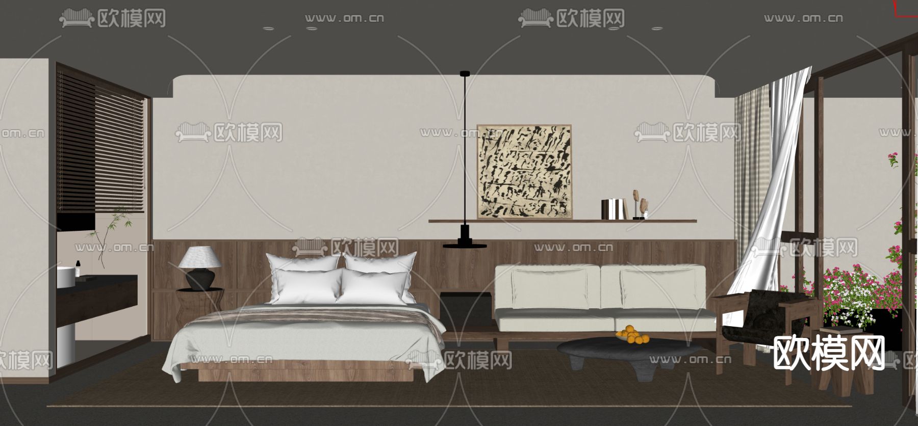 侘寂风民宿 卧室su模型下载（渲染图1）