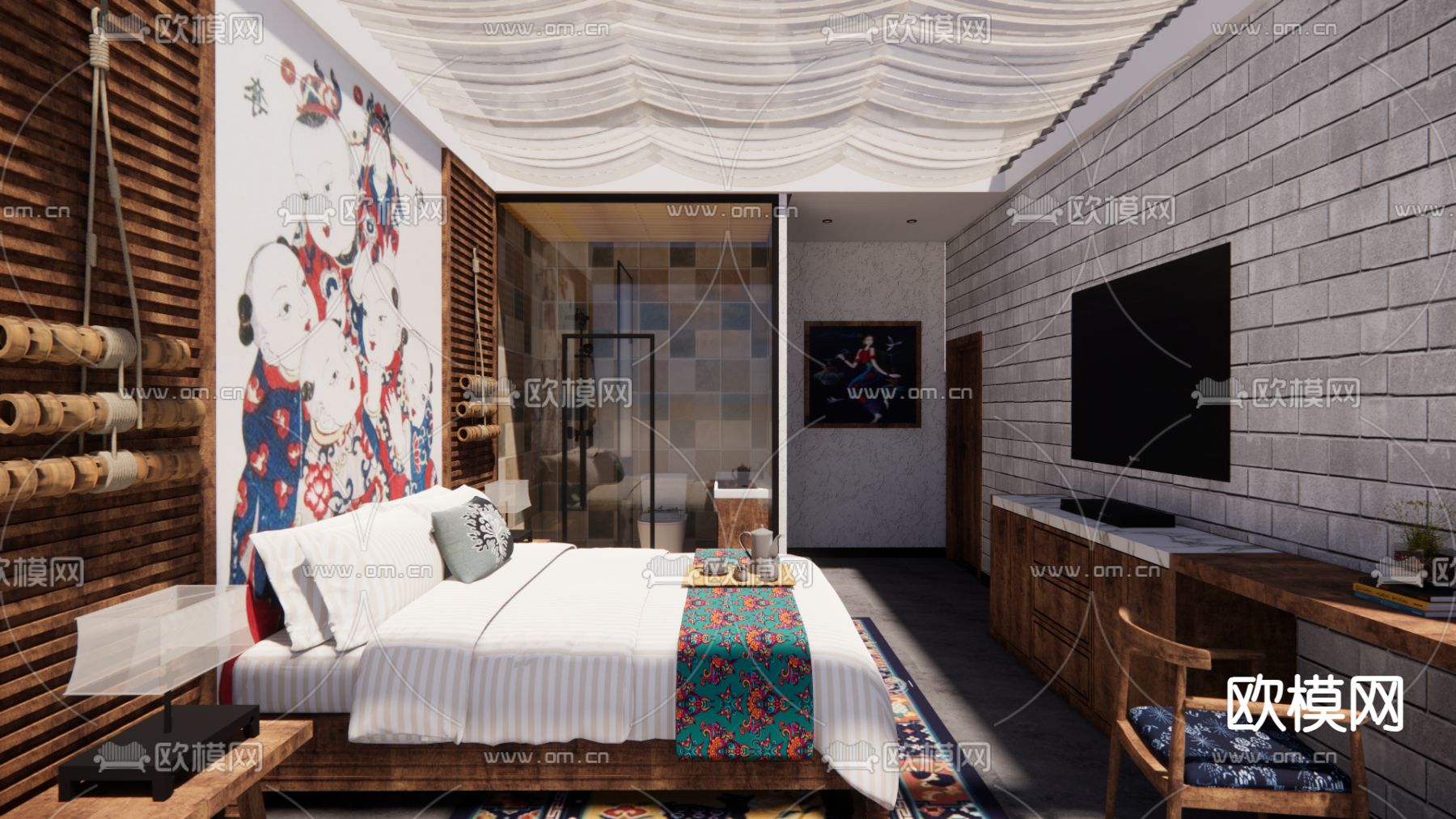 新中式酒店 客房su模型下载（渲染图2）