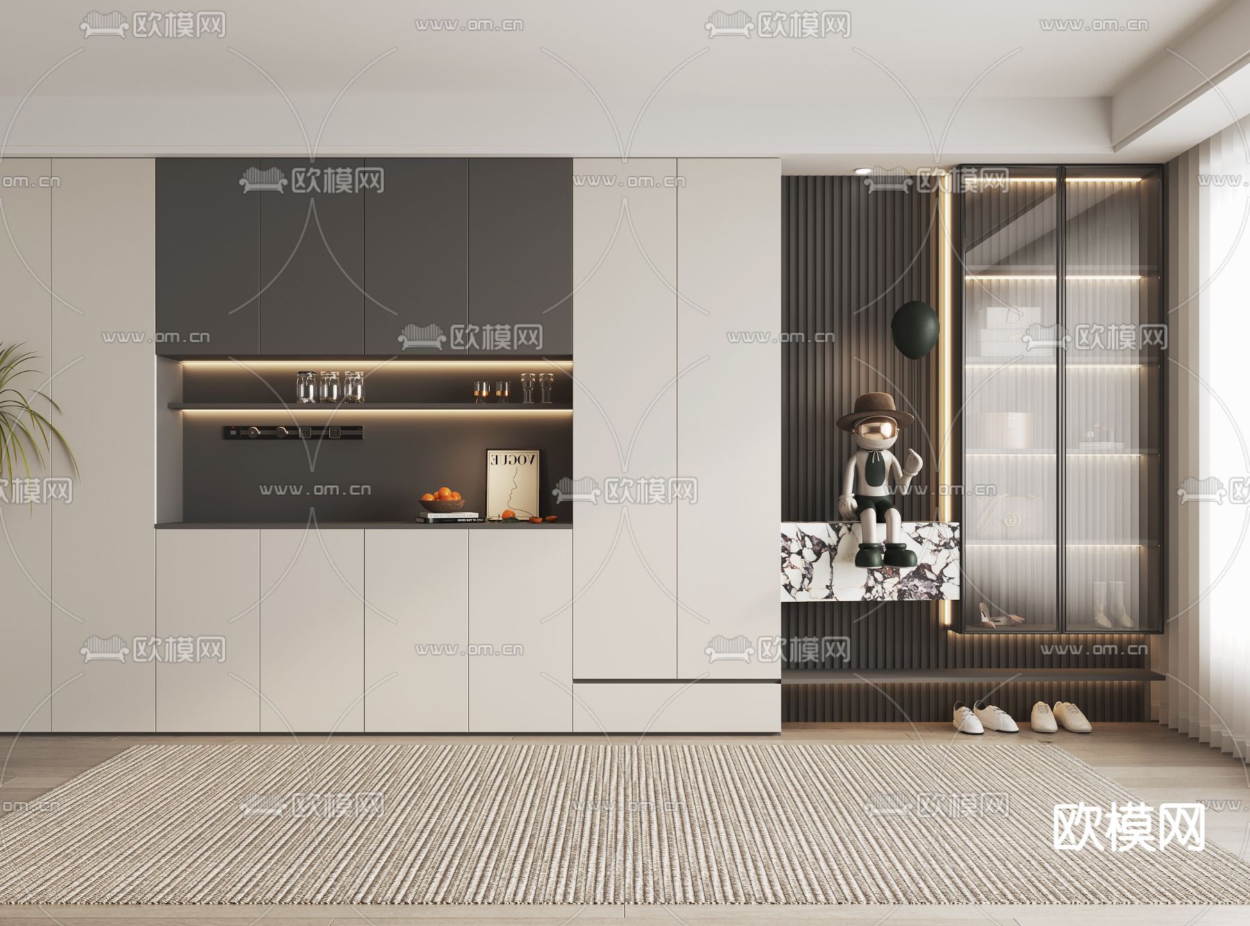 奶油风鞋柜 酒柜一体su模型下载（渲染图2）