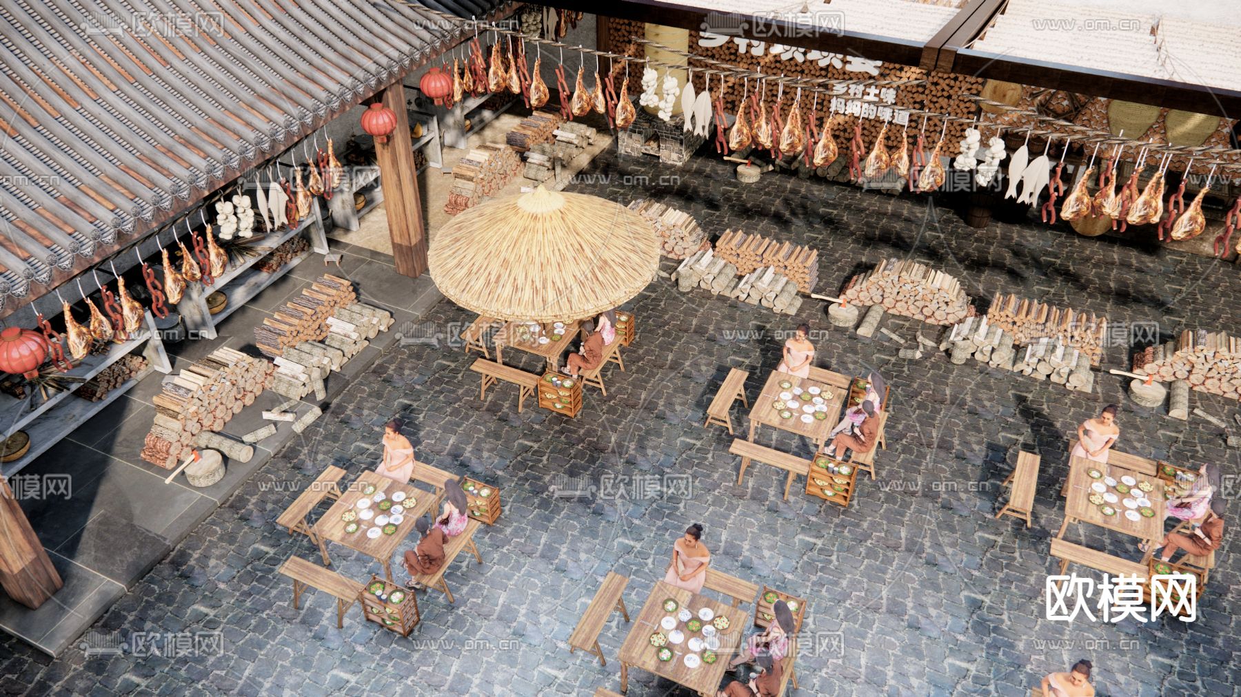 乡村美食街 火锅庭院 网红餐厅农家乐su模型下载（渲染图1）