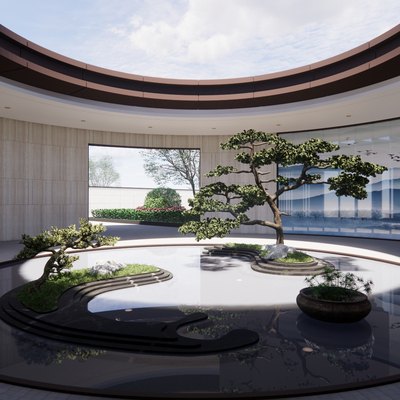  植物堆 入口水景 圆形水景 跌水水景 镜面水景su模型 