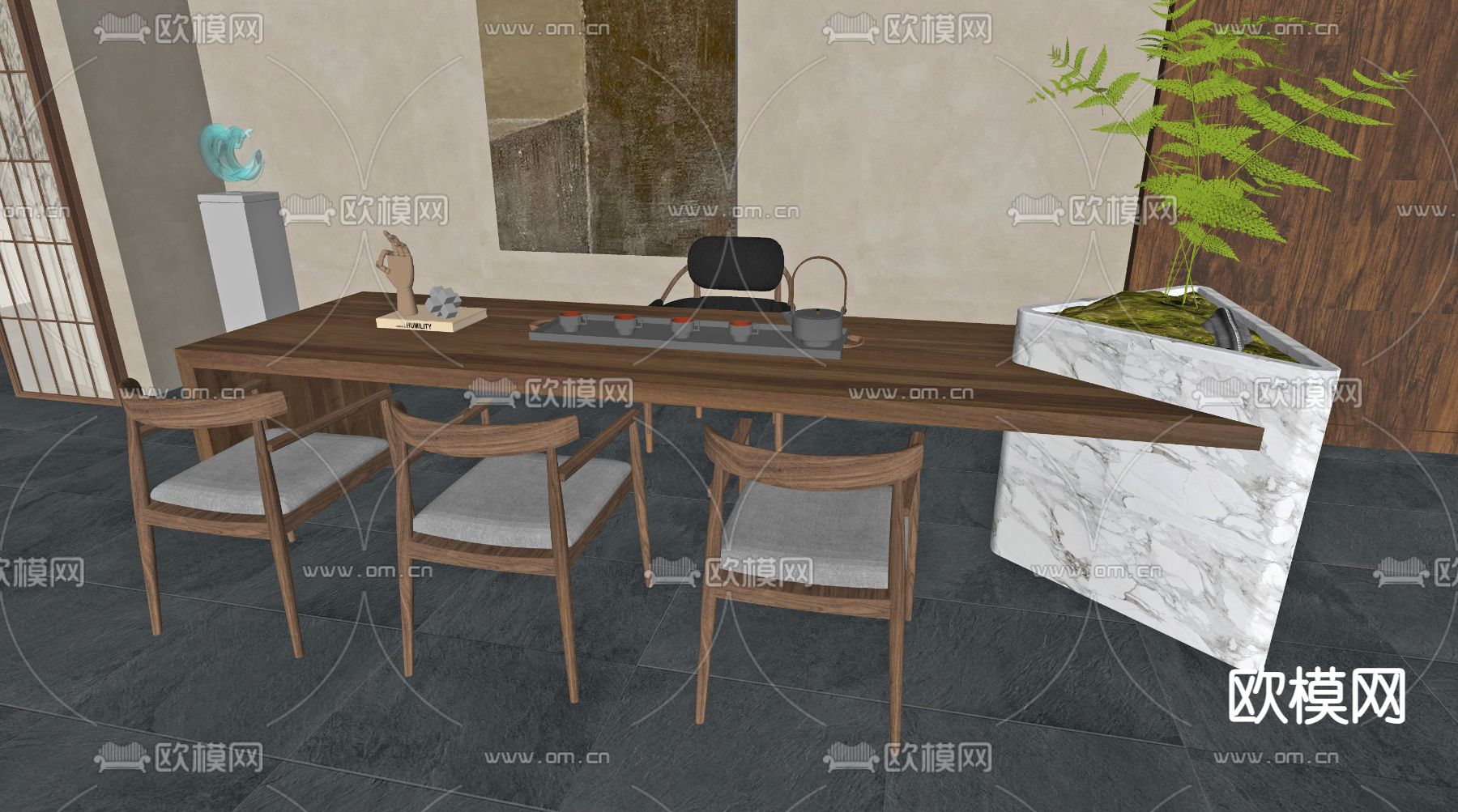 新中式茶桌椅su模型下载（渲染图1）