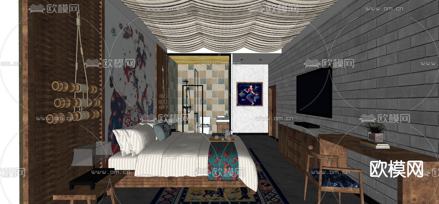 新中式酒店 客房su模型下载（渲染图1）