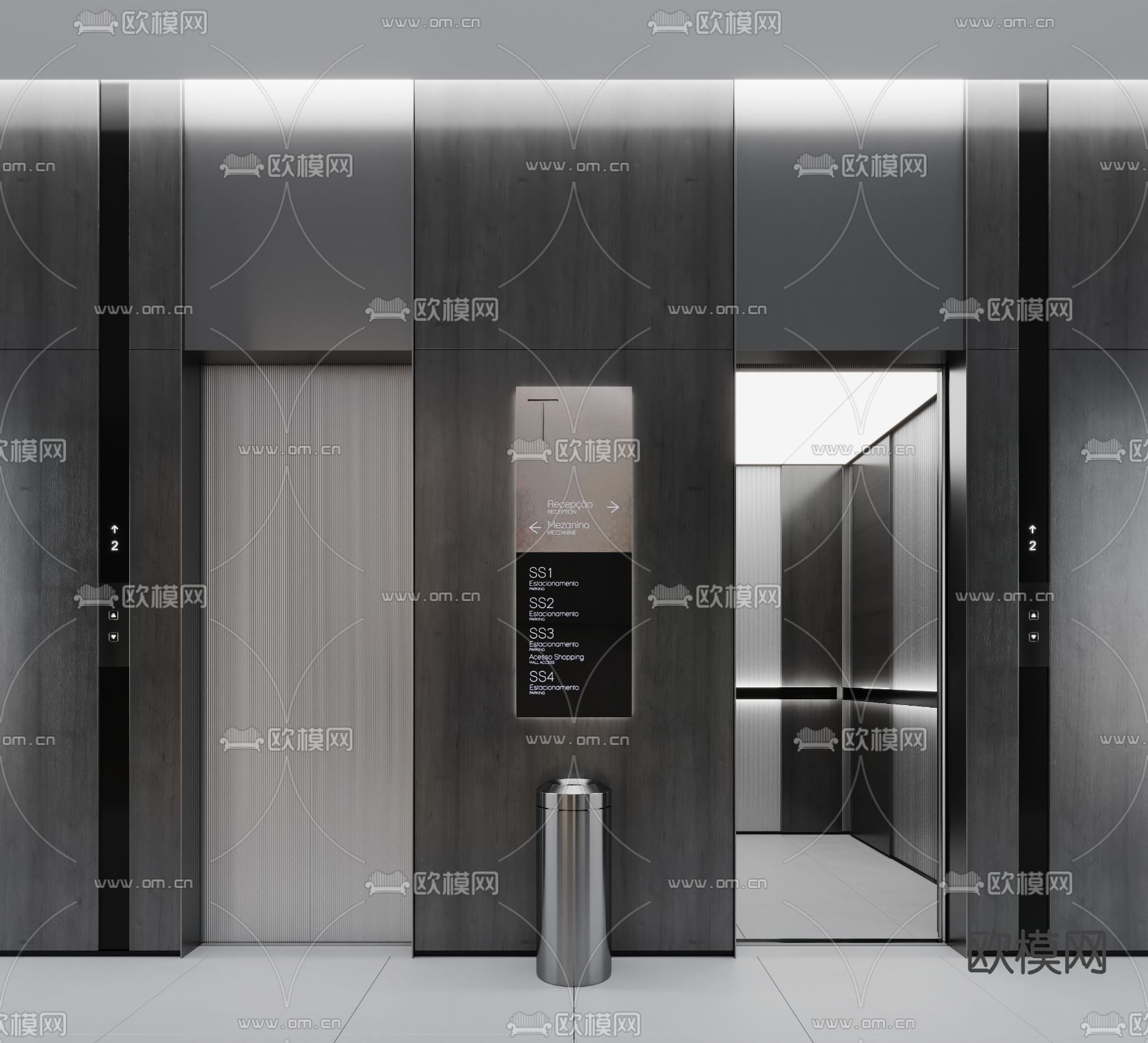 高级灰电梯厅 电梯间3d模型下载（渲染图1）