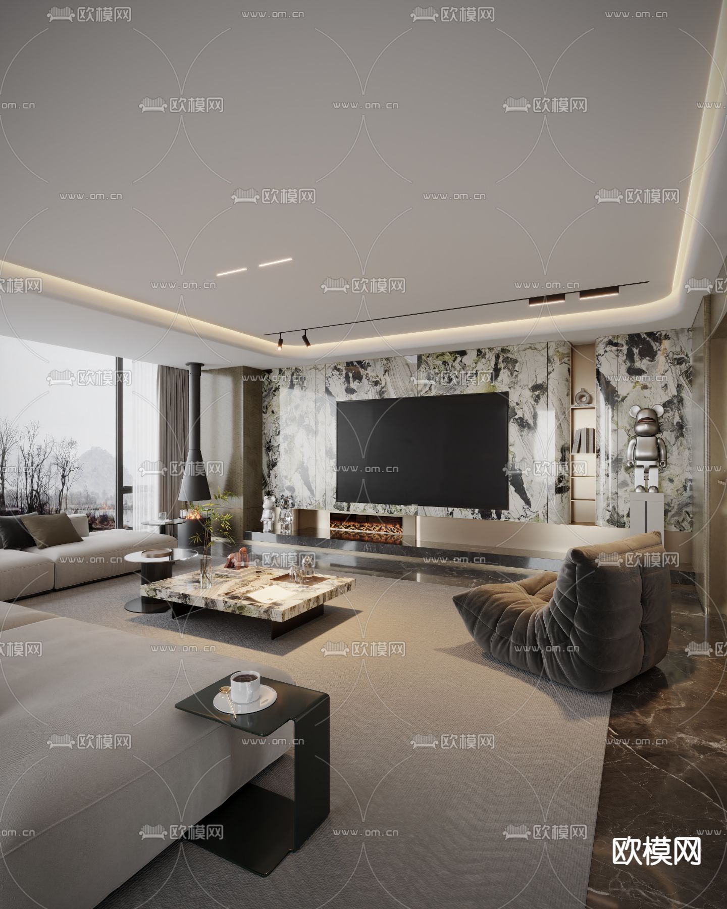 轻奢风客厅su模型下载（渲染图1）