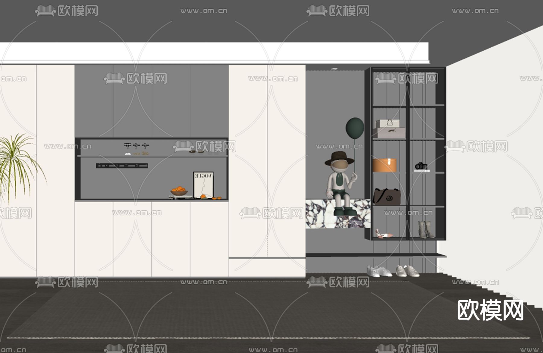 奶油风鞋柜 酒柜一体su模型下载（渲染图1）