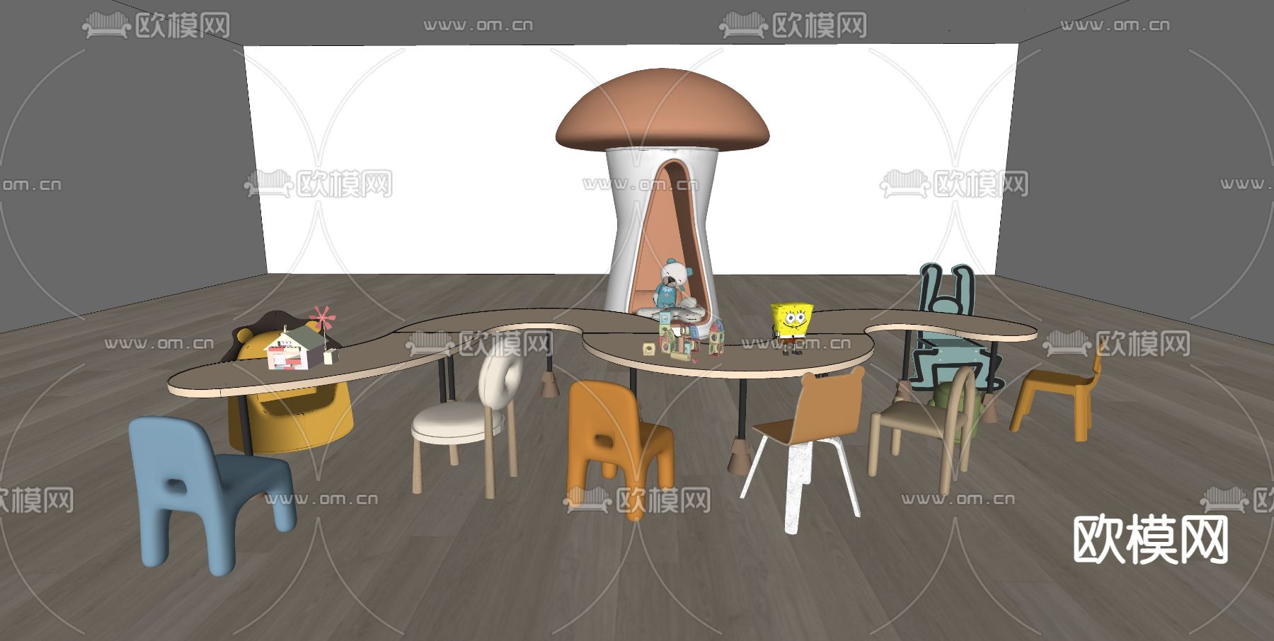 现代儿童桌椅su模型下载（渲染图1）