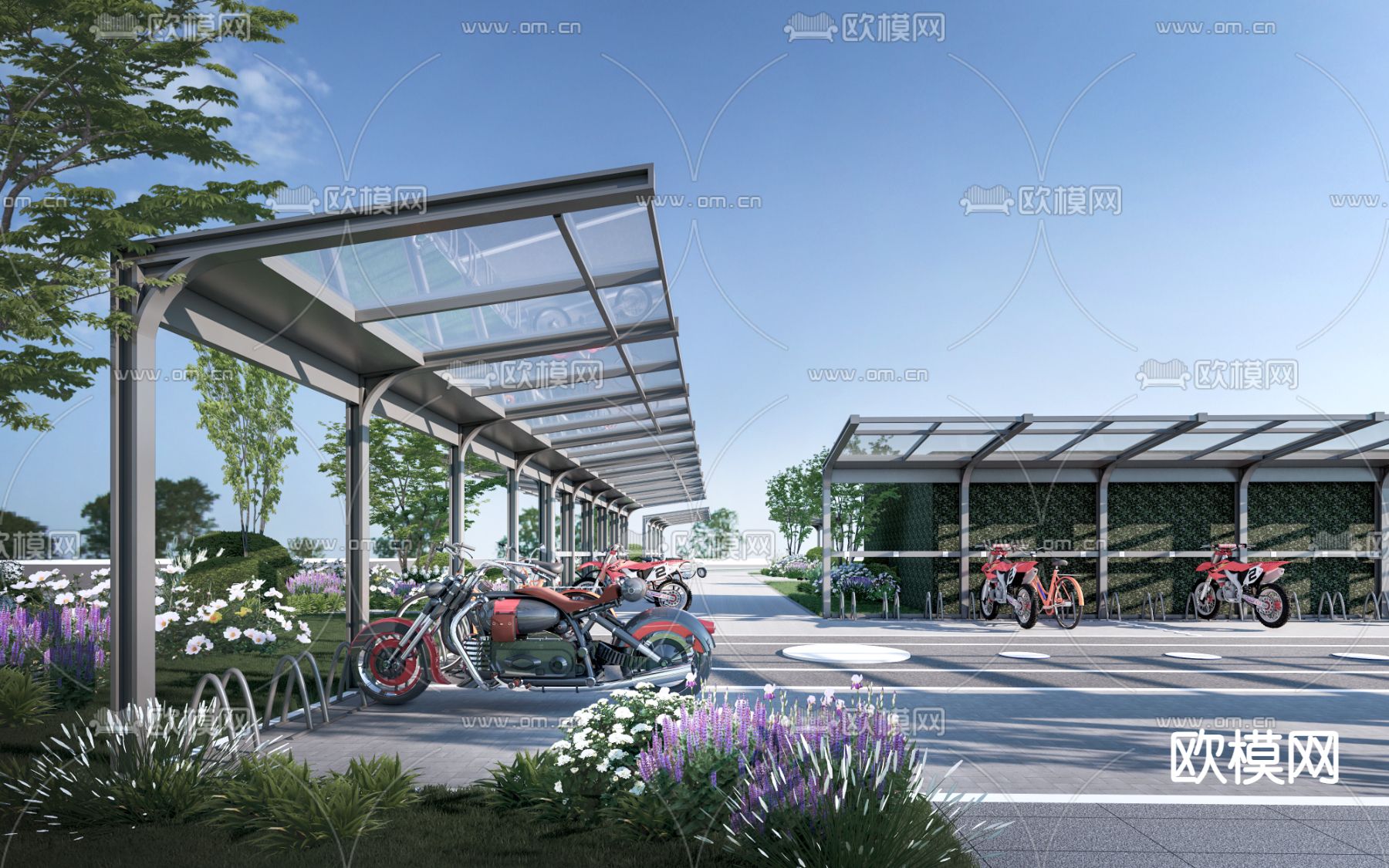 非机动车棚 摩托车棚 自行车棚su模型下载（渲染图3）