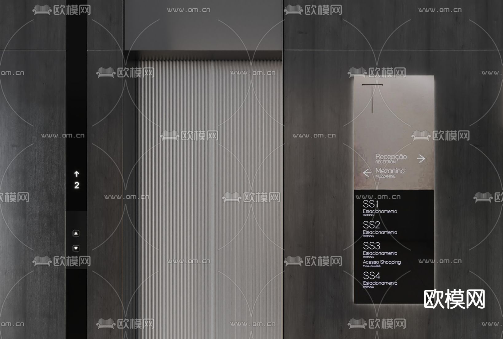 高级灰电梯厅 电梯间3d模型下载（渲染图2）