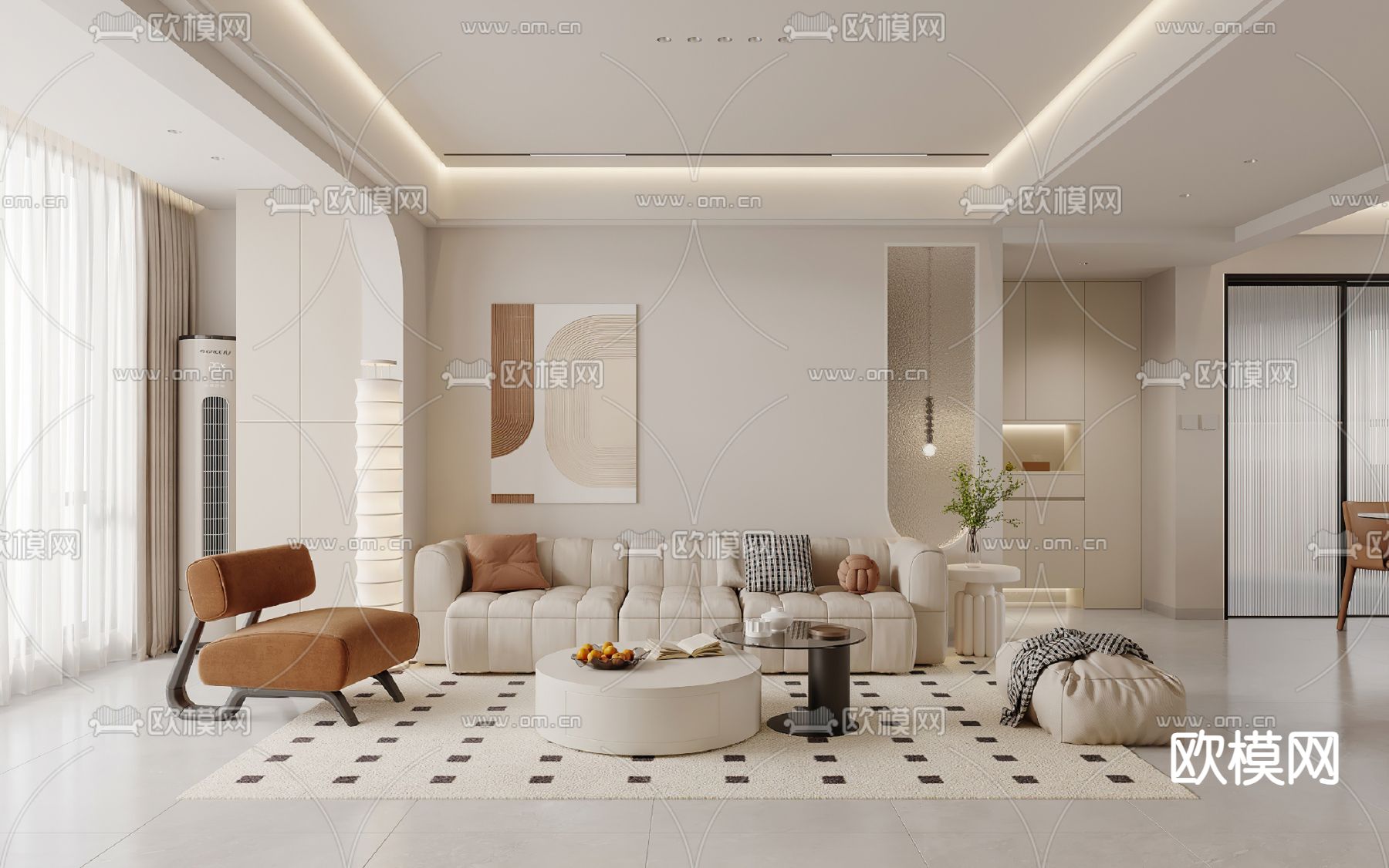 奶油风客厅3d模型下载（渲染图1）