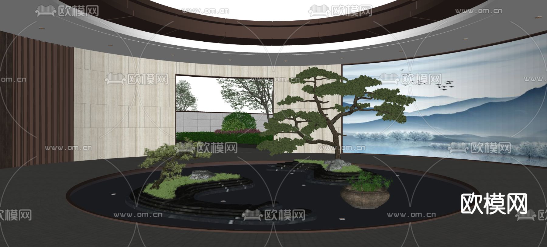 植物堆 入口水景 圆形水景 跌水水景 镜面水景su模型下载（渲染图1）