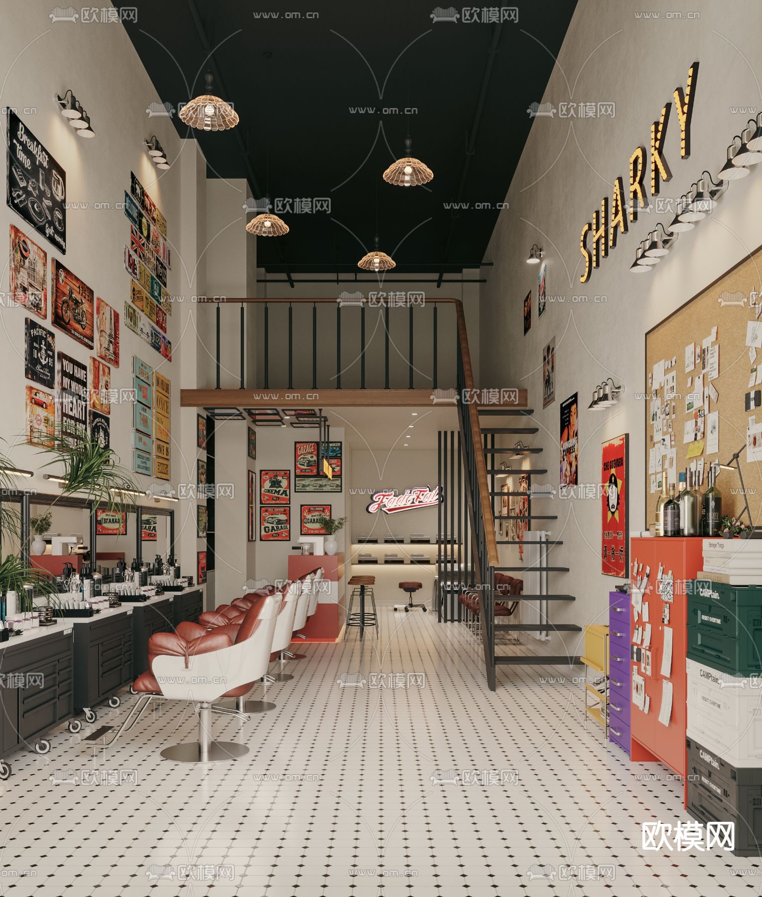 美式理发店 美容美发3d模型下载（渲染图1）