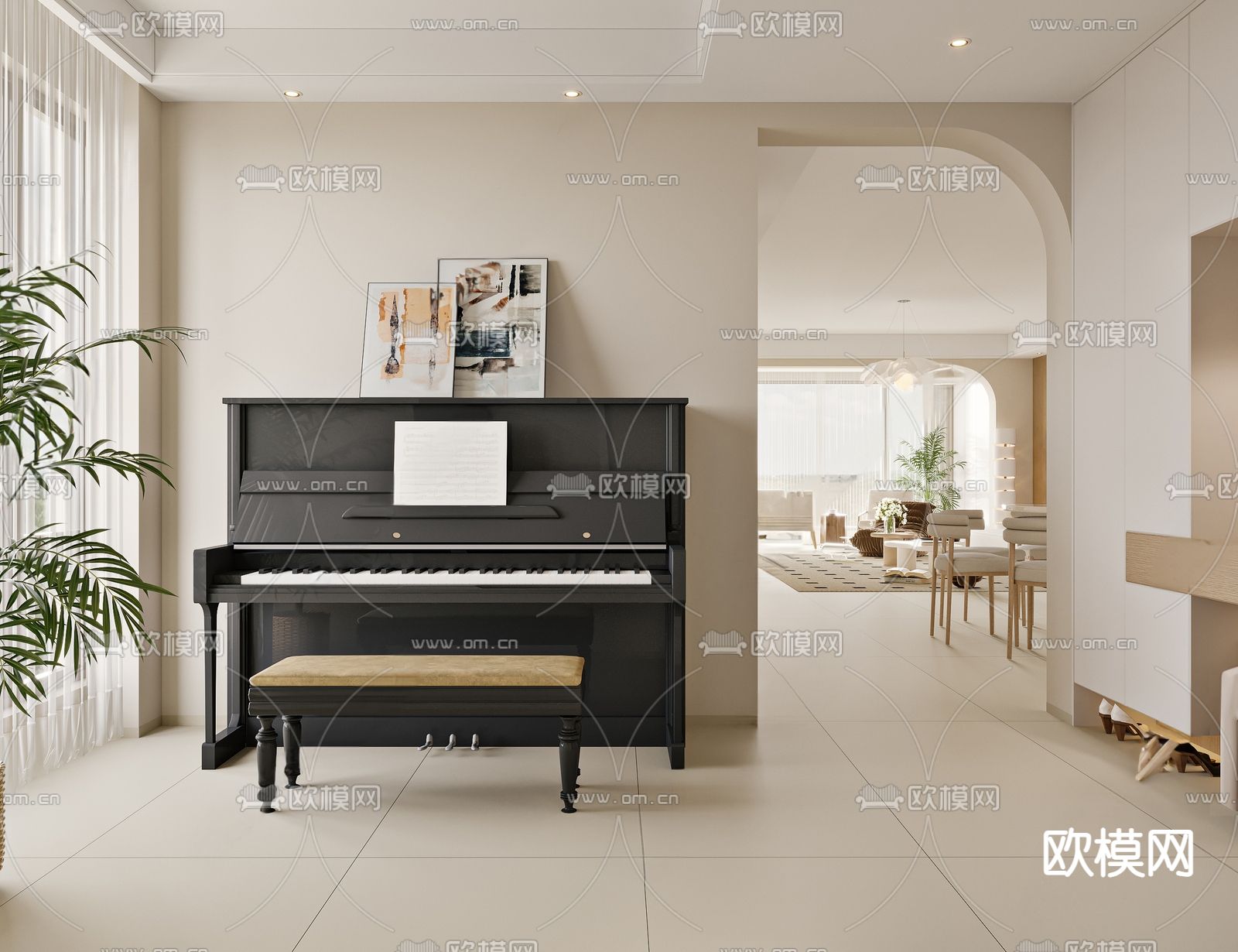 奶油钢琴房su模型下载（渲染图2）