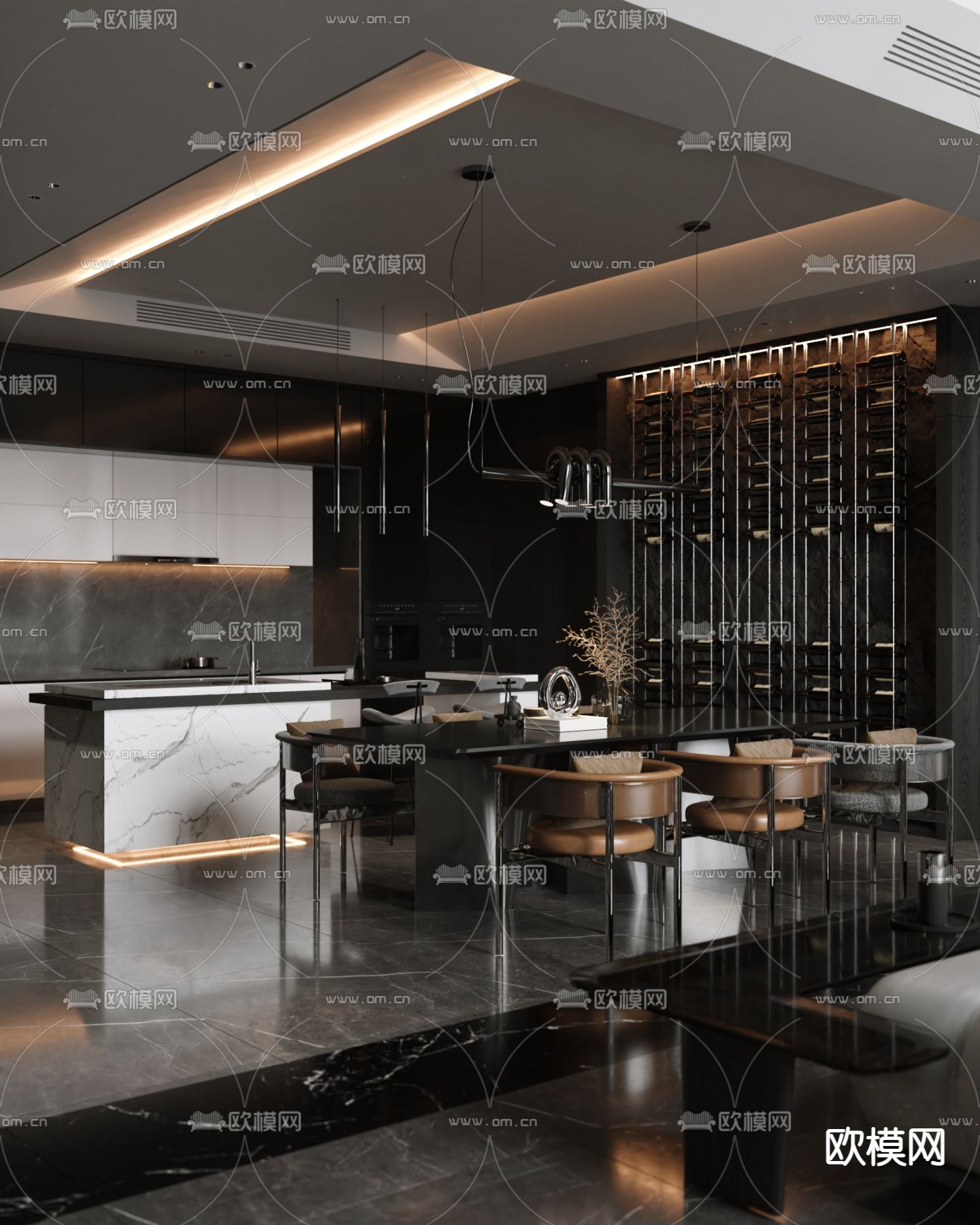高级灰客餐厅su模型下载（渲染图2）