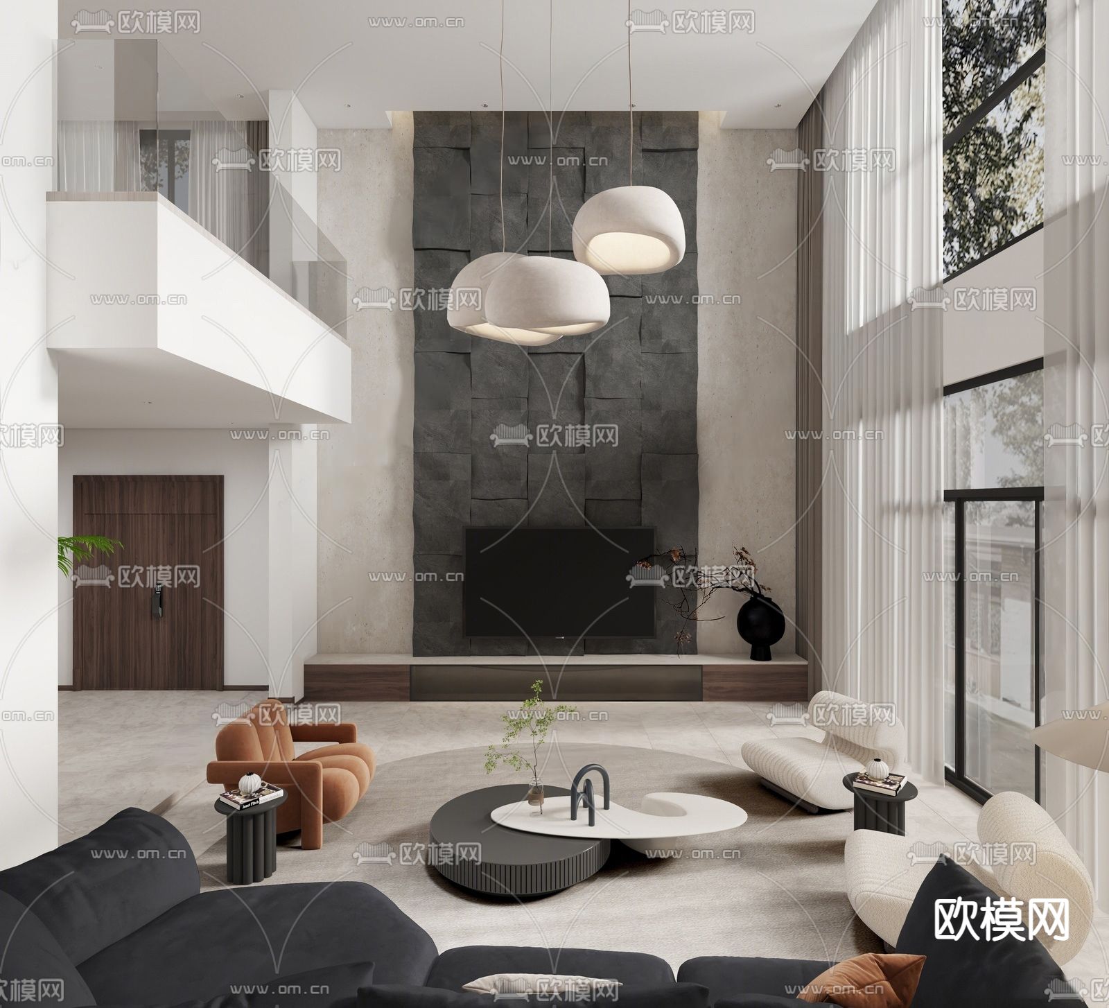 侘寂别墅客厅3d模型下载（渲染图2）