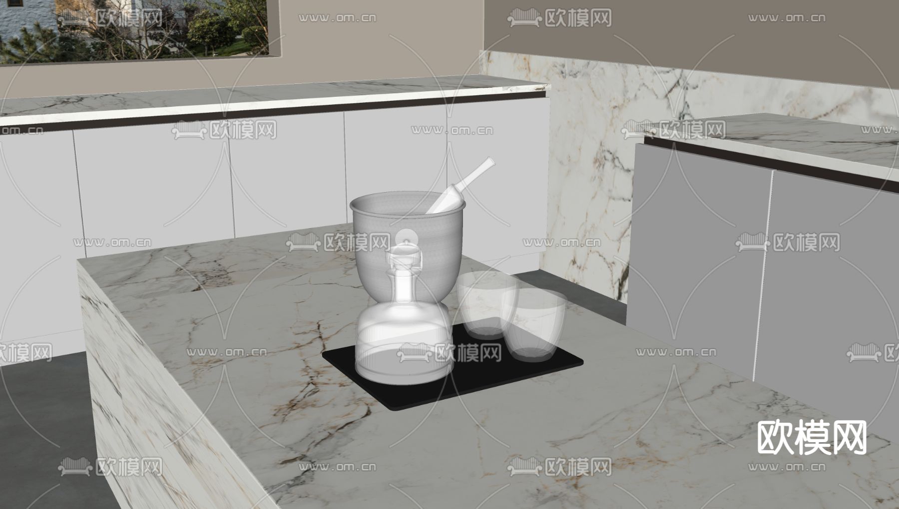 酒具 酒瓶 水杯 酒杯 冰块su模型下载（渲染图1）