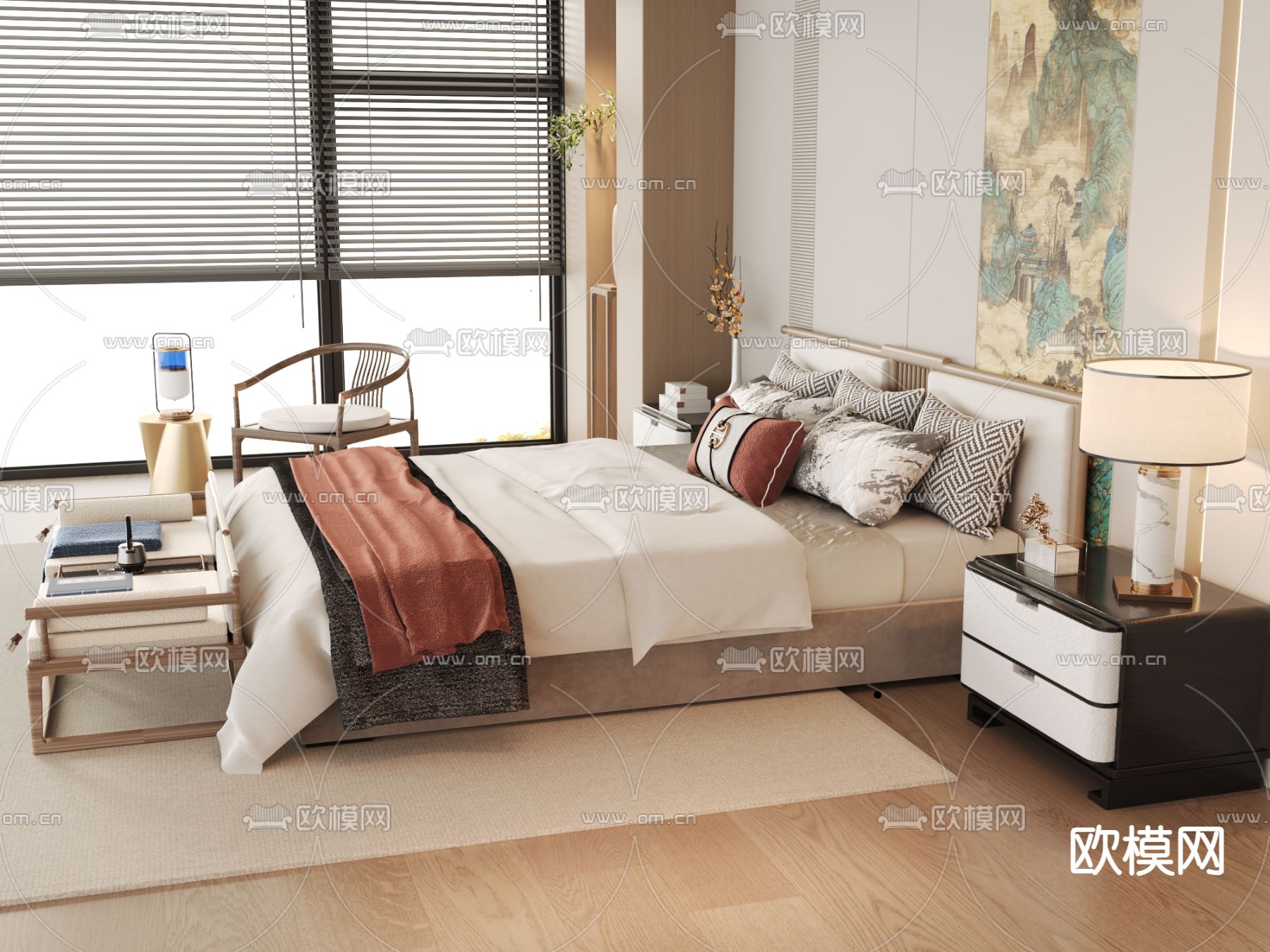 新中式双人床su模型下载（渲染图2）