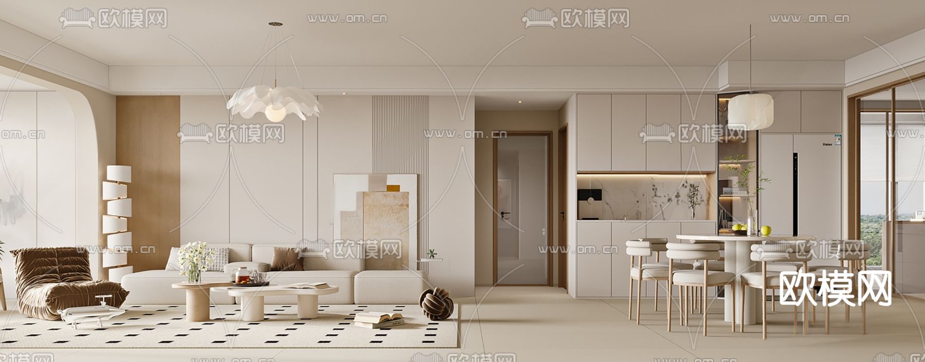 奶油风客餐厅su模型下载（渲染图2）