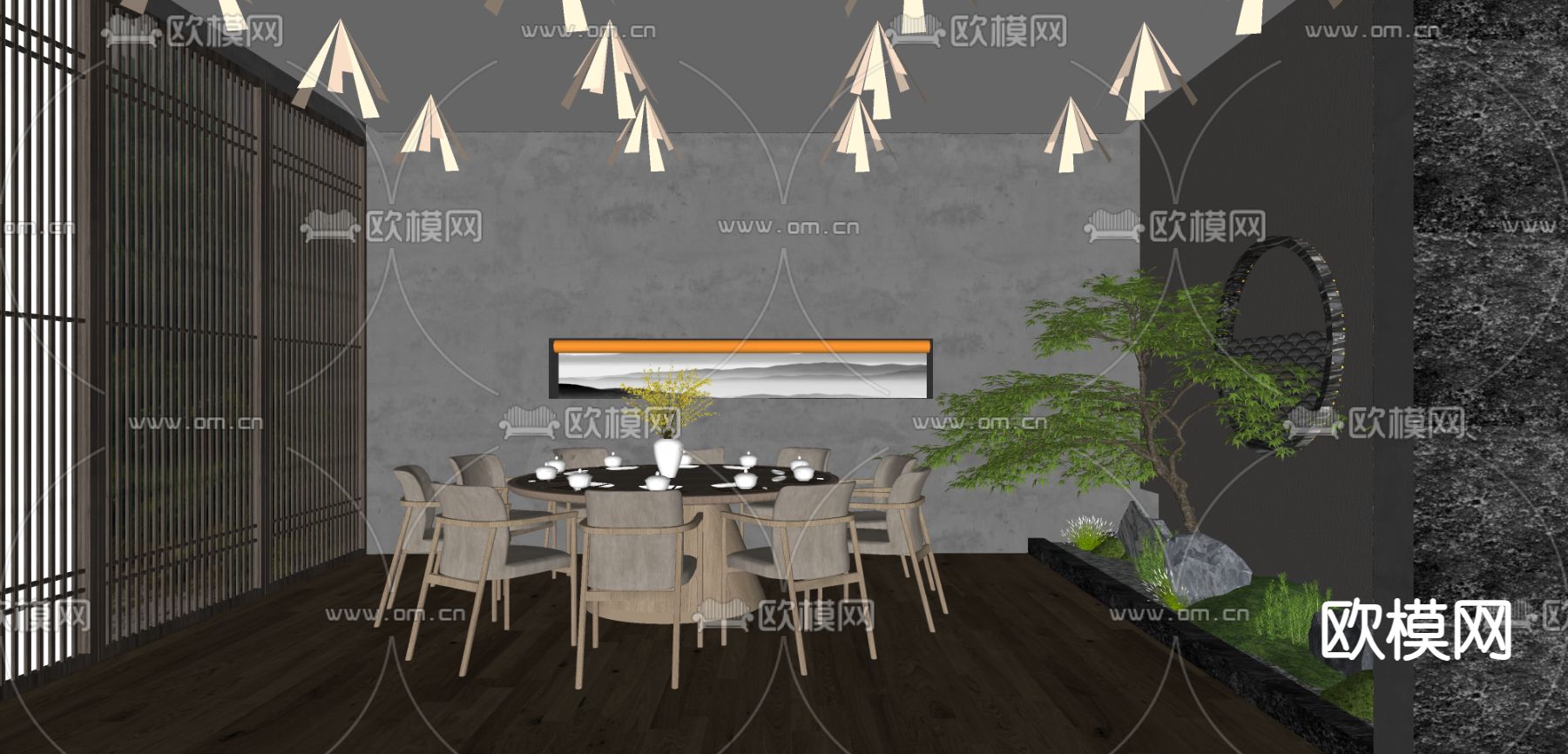 新中式餐厅包厢su模型下载（渲染图1）