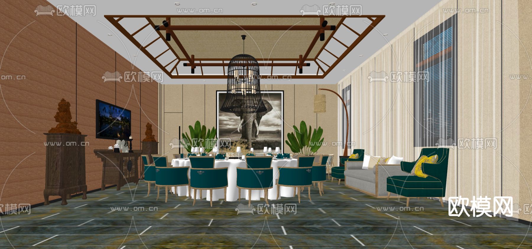 新中式餐厅包厢su模型下载（渲染图1）