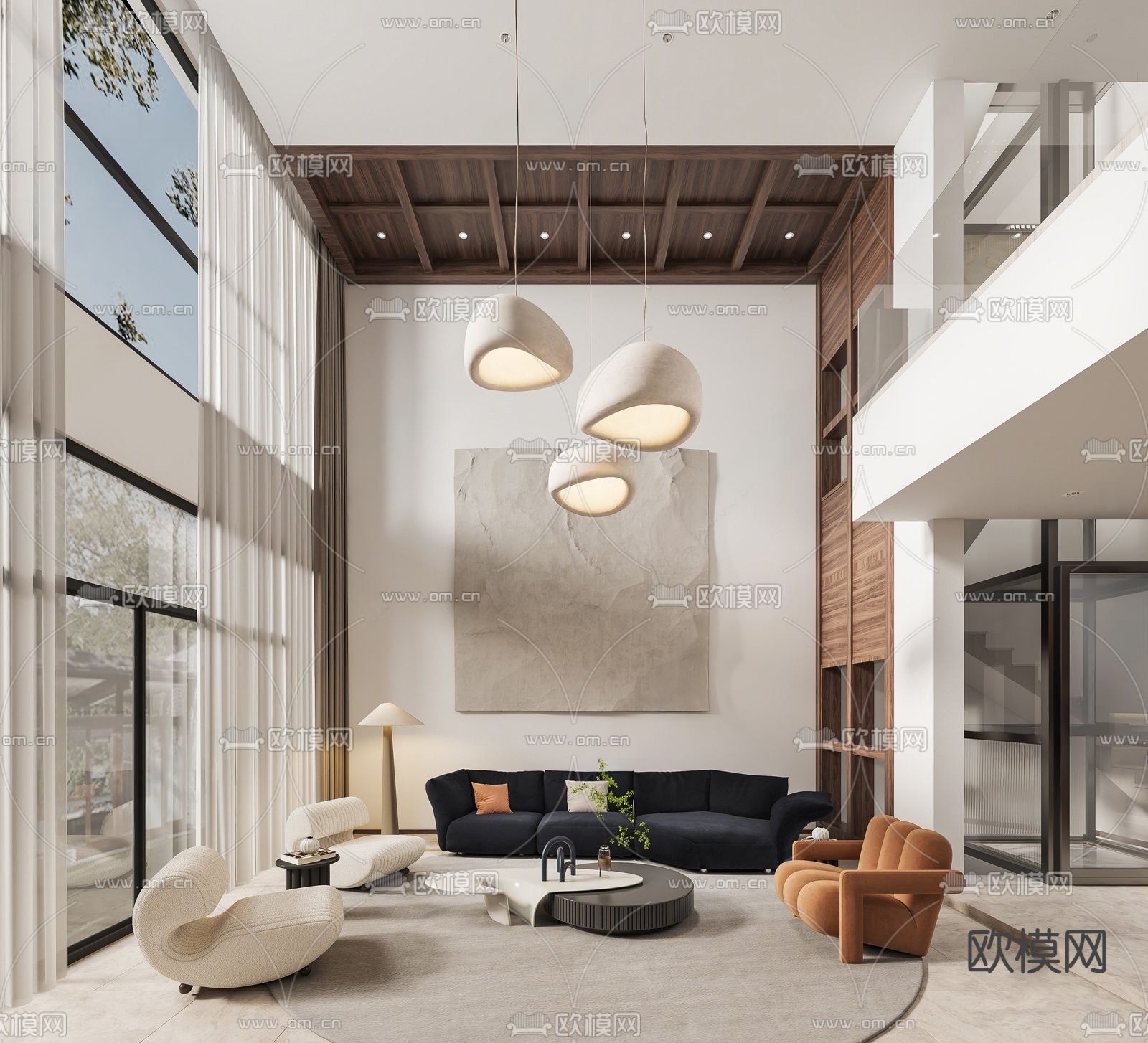 侘寂别墅客厅3d模型下载（渲染图1）