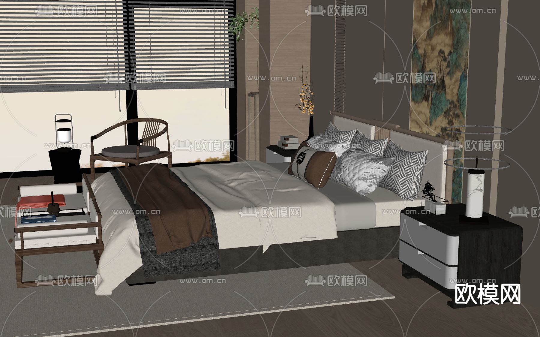 新中式双人床su模型下载（渲染图1）