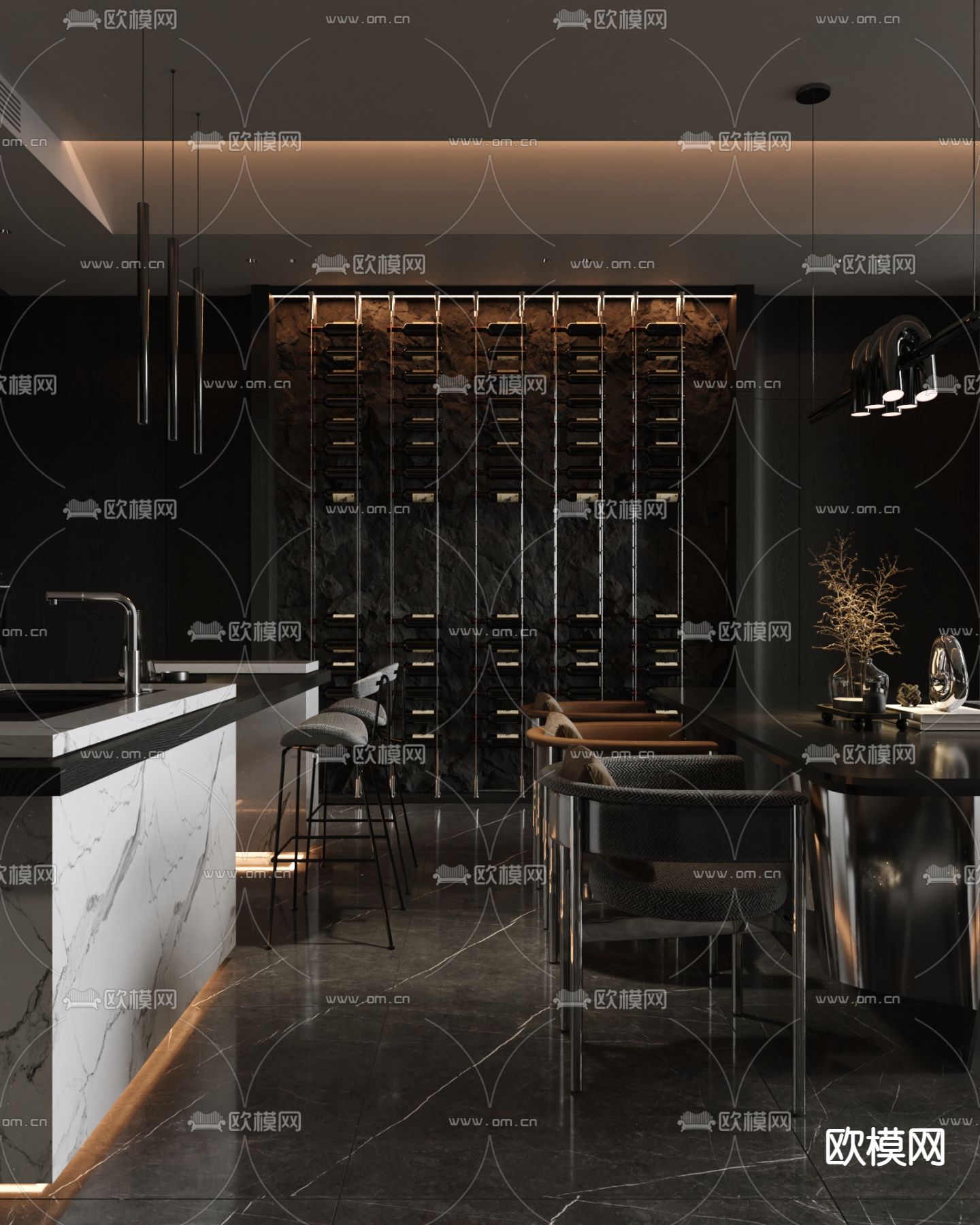 高级灰客餐厅su模型下载（渲染图4）