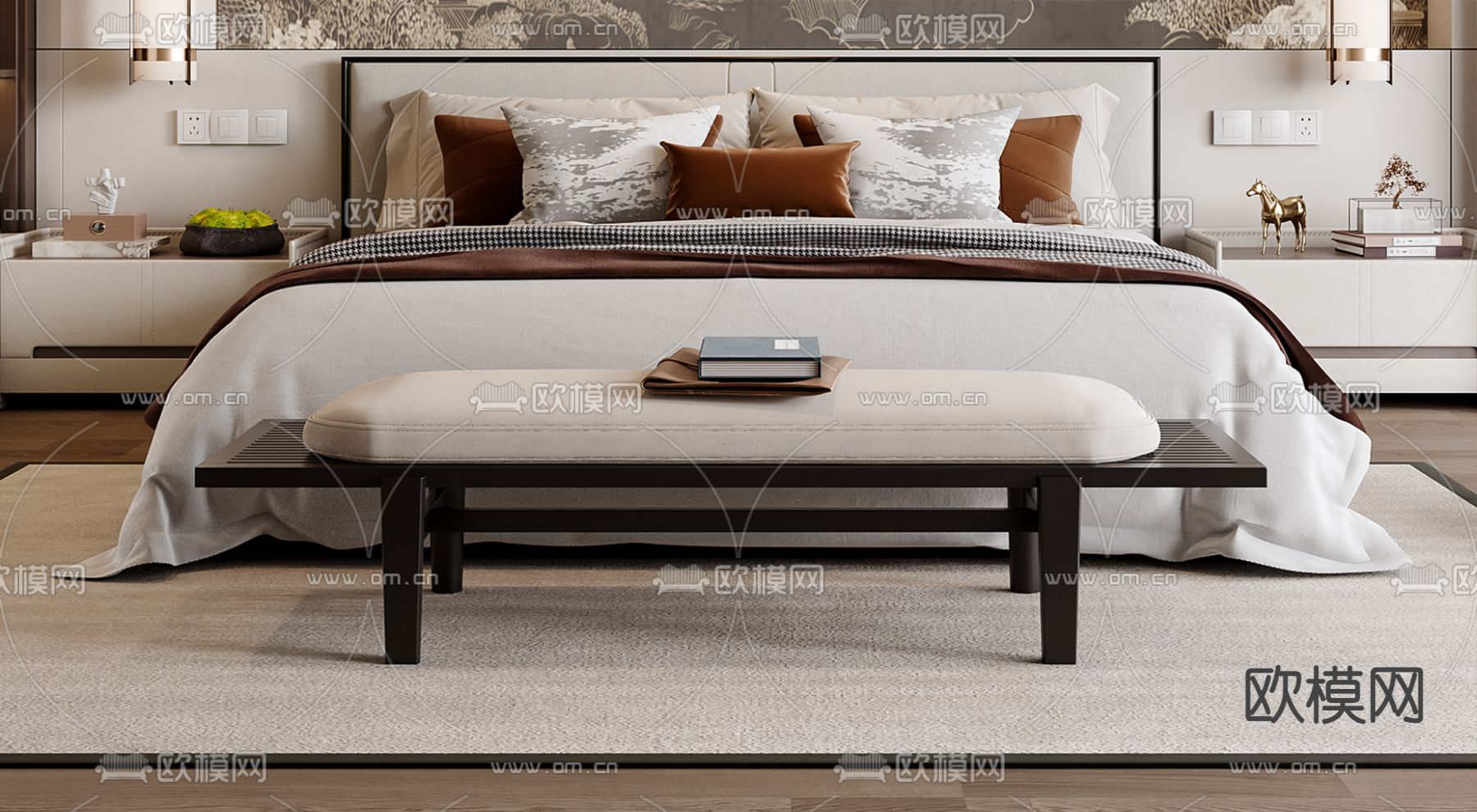 新中式双人床su模型下载（渲染图2）