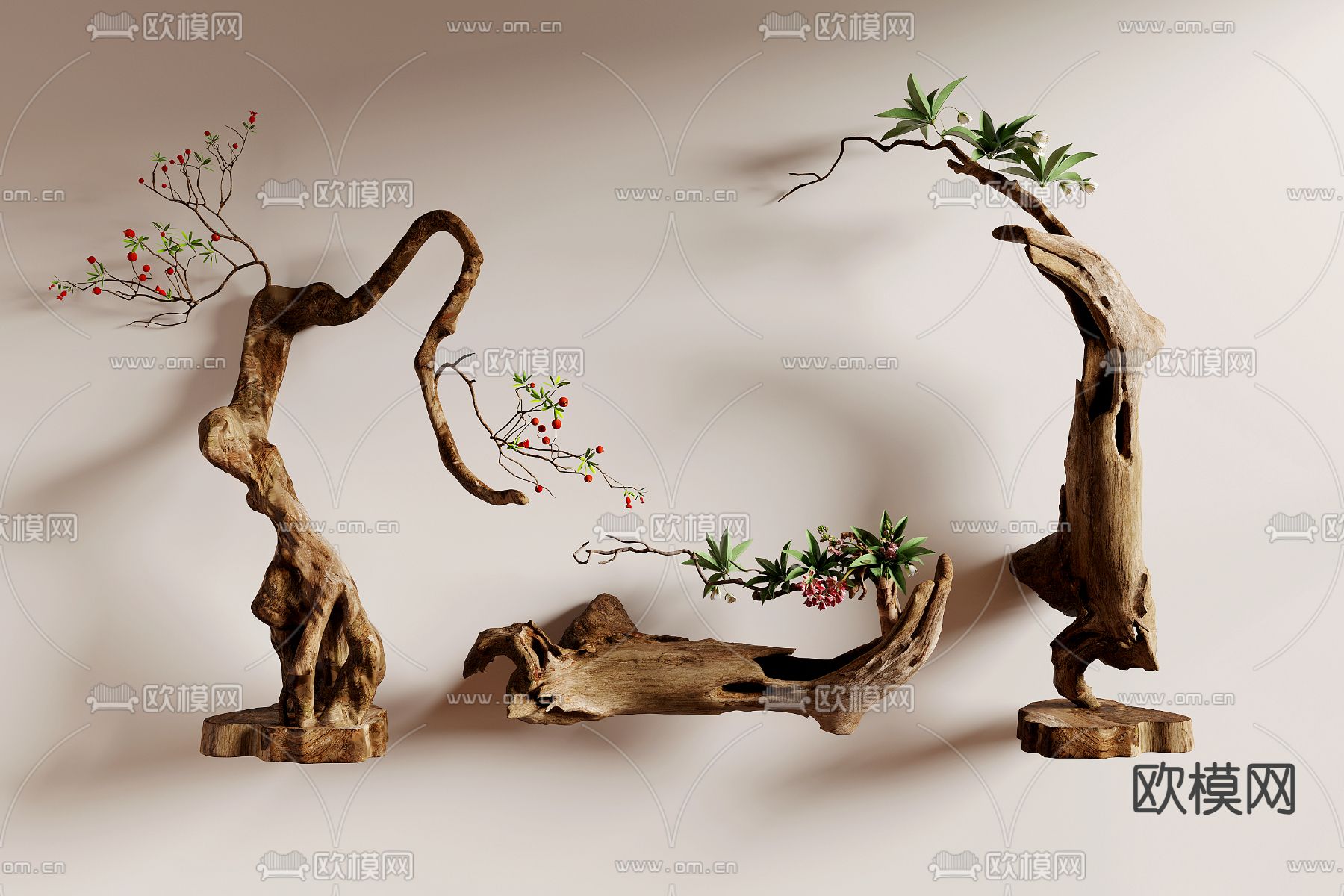 枯木绿植小品 景观小品3d模型下载