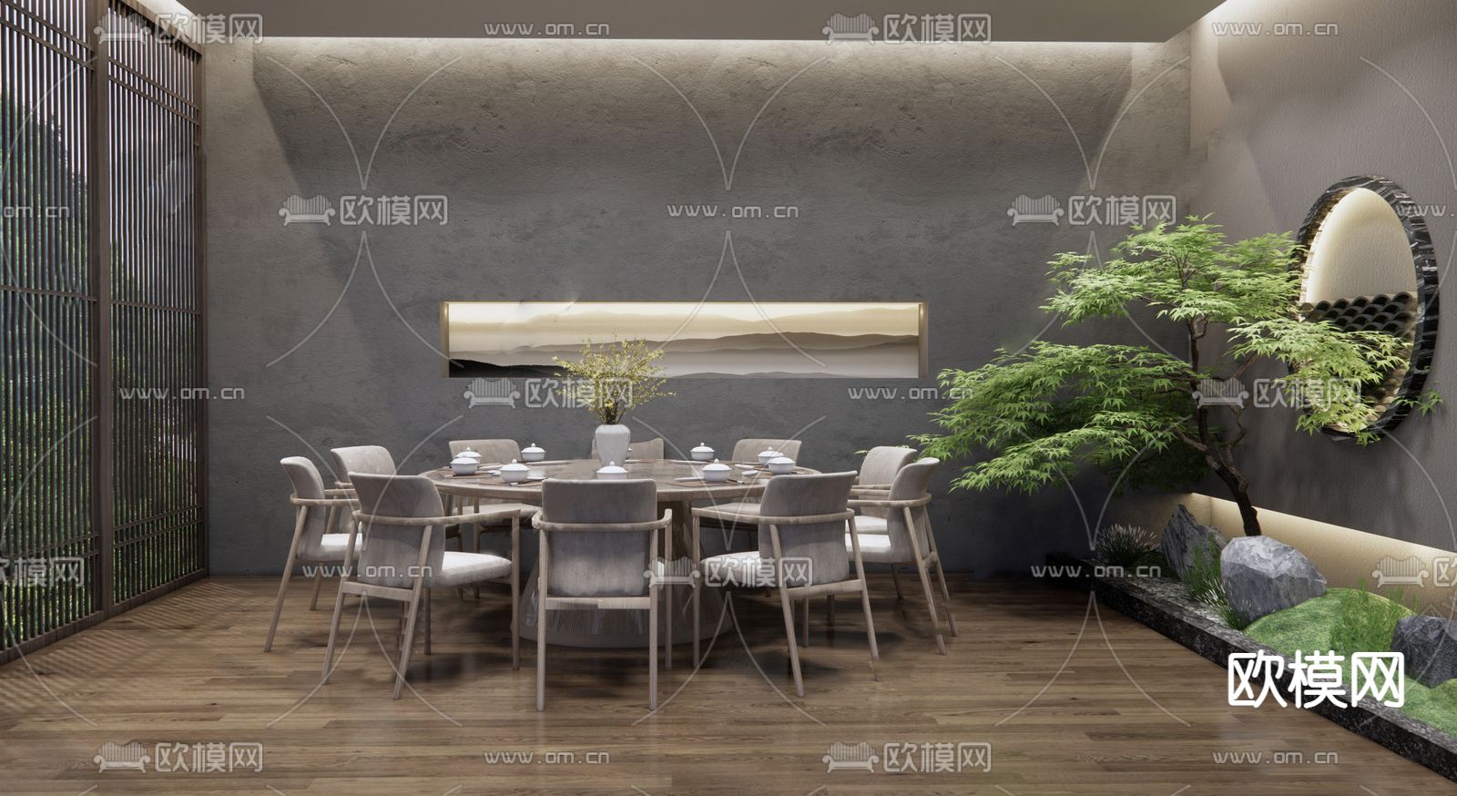 新中式餐厅包厢su模型下载（渲染图2）