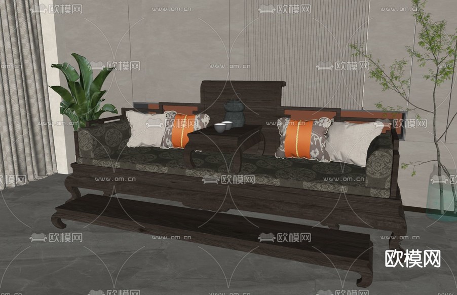 新中式罗汉床su模型下载(渲染图1)