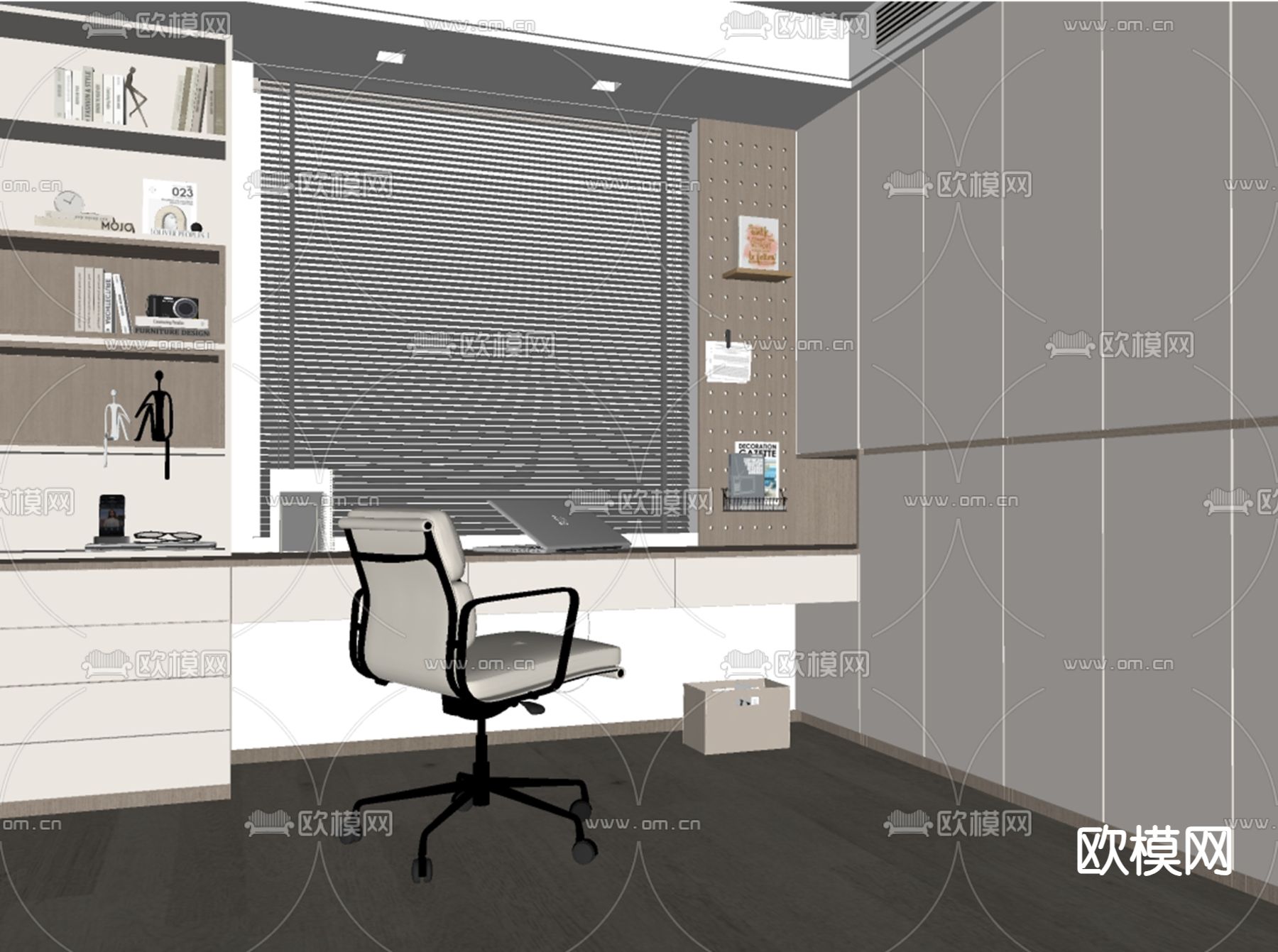 现代书桌 衣柜一体柜 su模型下载（渲染图1）