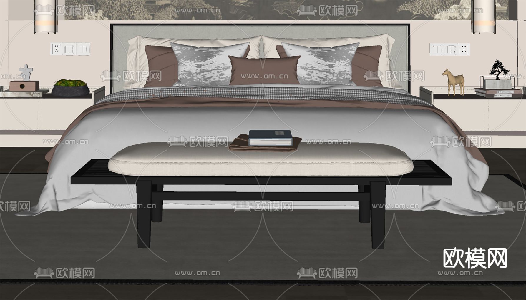 新中式双人床su模型下载（渲染图1）
