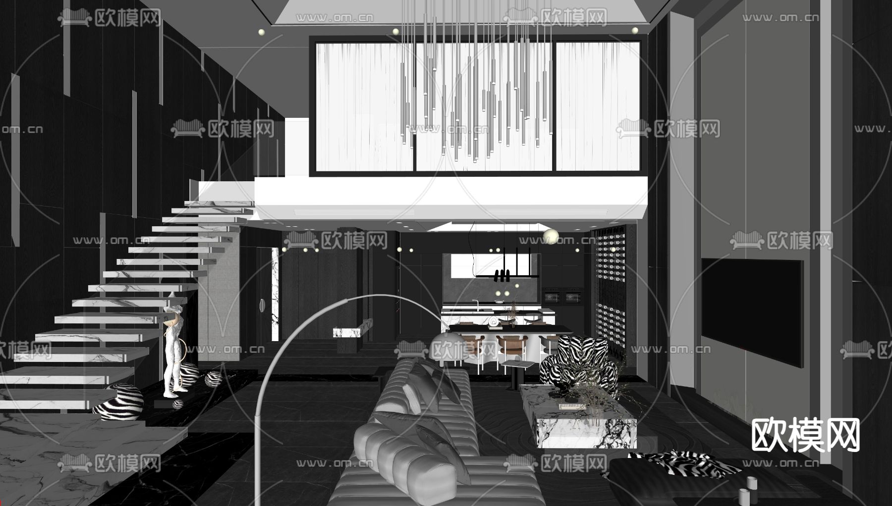 高级灰客餐厅su模型下载（渲染图1）