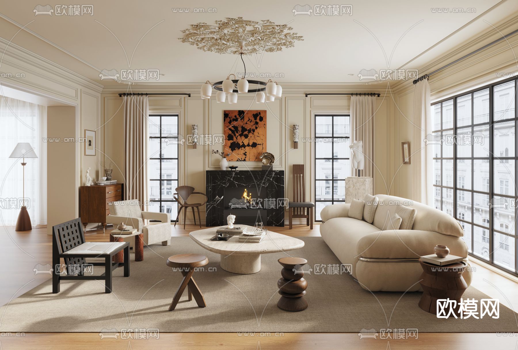 法式复古客厅3d模型下载